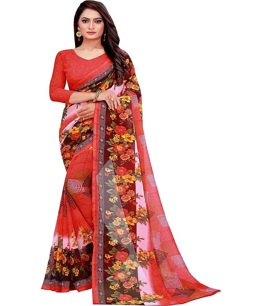 Saadhvi Georgette Printed Saree With Unstitched Blouse Piece ( Multicolour ) - Sarees | Buy online on ZillyBuy