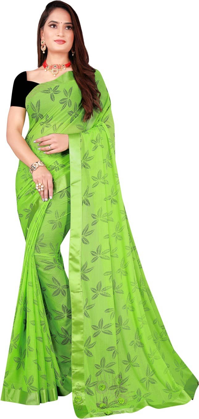 Saadhvi Lycra Printed Saree With Unstitched Blouse Piece ( Green ) - Sarees | Buy online on ZillyBuy