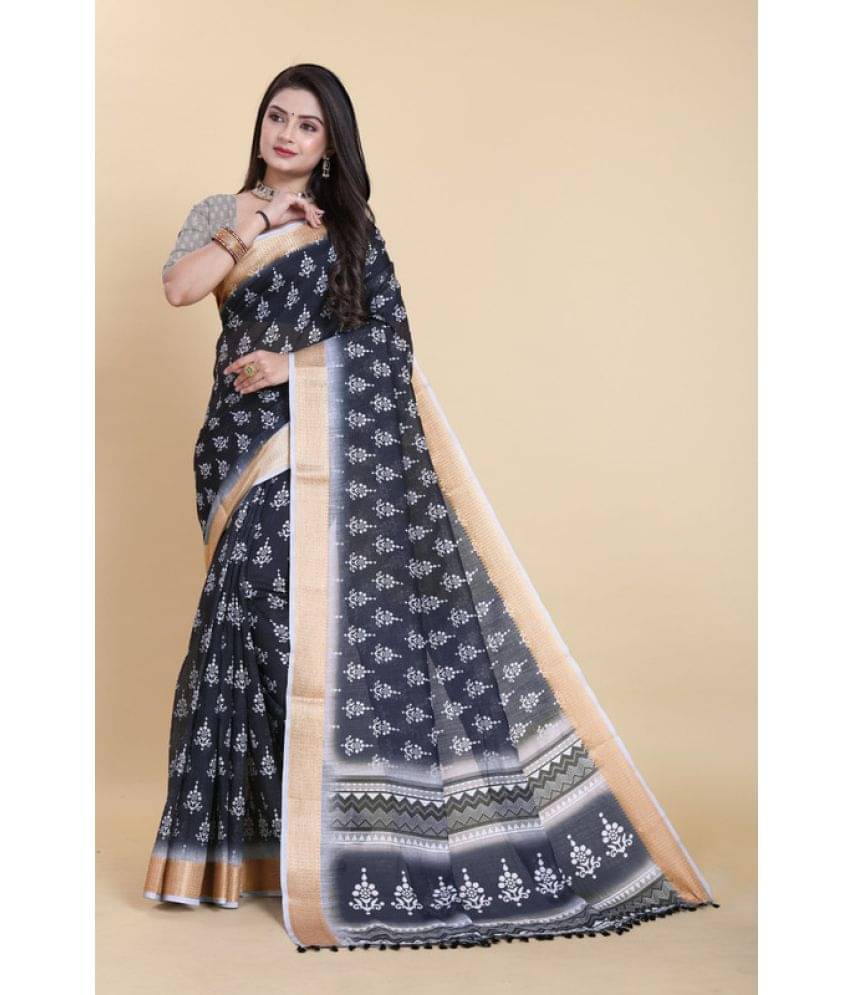 Sitanjali Linen Printed Saree With Unstitched Blouse Piece ( Blue ) Sitanjali Linen Printed Saree With Unstitched Blouse Piece ( Blue )
