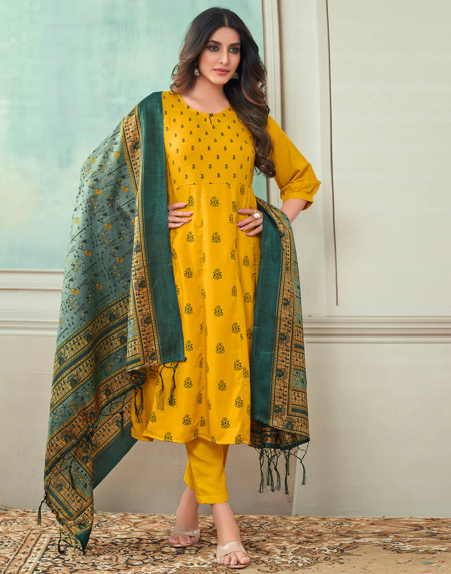 Skylee Rayon Printed Kurti With Pants Women's Stitched Salwar Suit - Yellow ( Pack of 1 ) Skylee Rayon Printed Kurti With Pants Women's Stitched Salwar Suit - Yellow ( Pack of 1 )