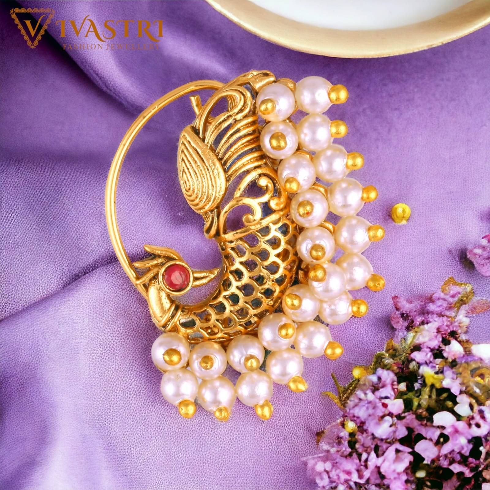 Vivastri's Premium & Elegant Peackock Style Cubic Zirconia Bead Studded Nose Rings For Women & Girls -VIVA1276NTH-PRESS-RED Vivastri's Premium & Elegant Peackock Style Cubic Zirconia Bead Studded Nose Rings For Women & Girls -VIVA1276NTH-PRESS-RED