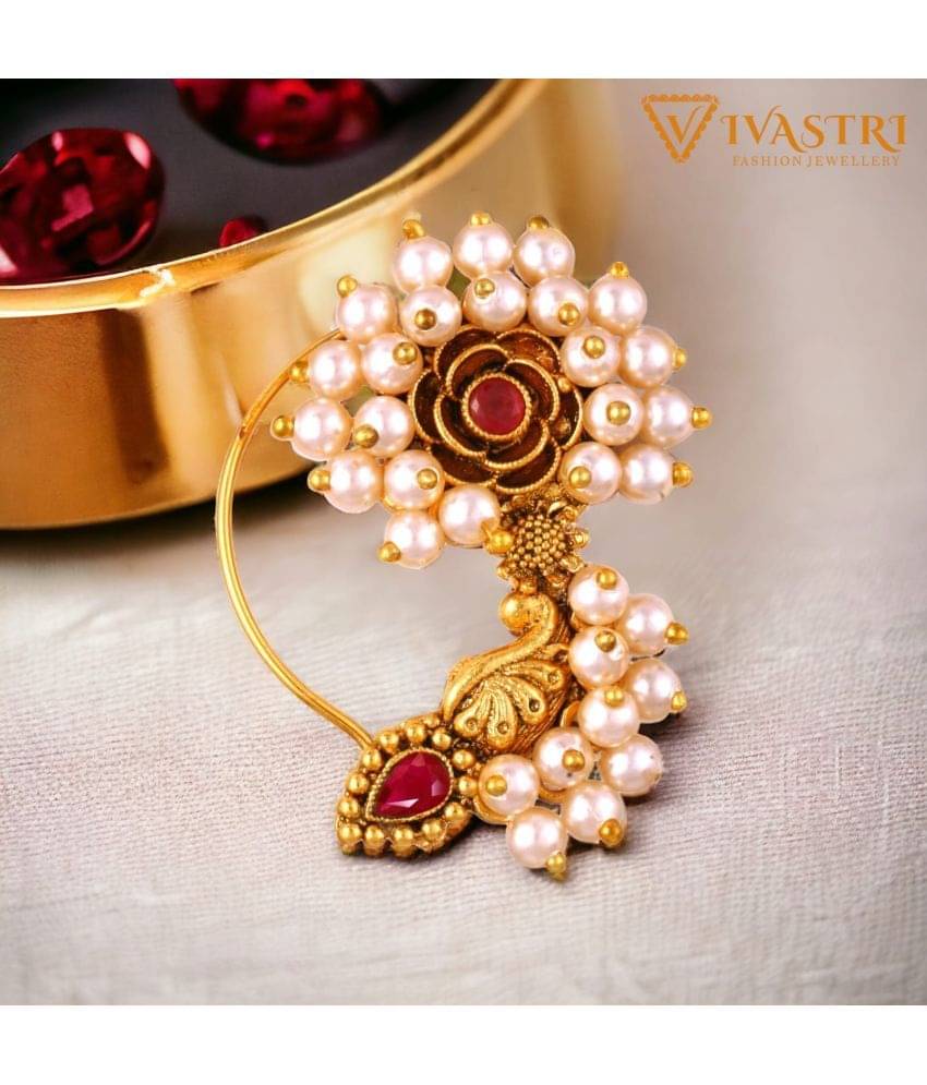 Vivastri's Premium & Elegant Peackock Style Cubic Zirconia Bead Studded Nose Rings For Women & Girls -VIVA1279NTH-PRESS-RED Vivastri's Premium & Elegant Peackock Style Cubic Zirconia Bead Studded Nose Rings For Women & Girls -VIVA1279NTH-PRESS-RED