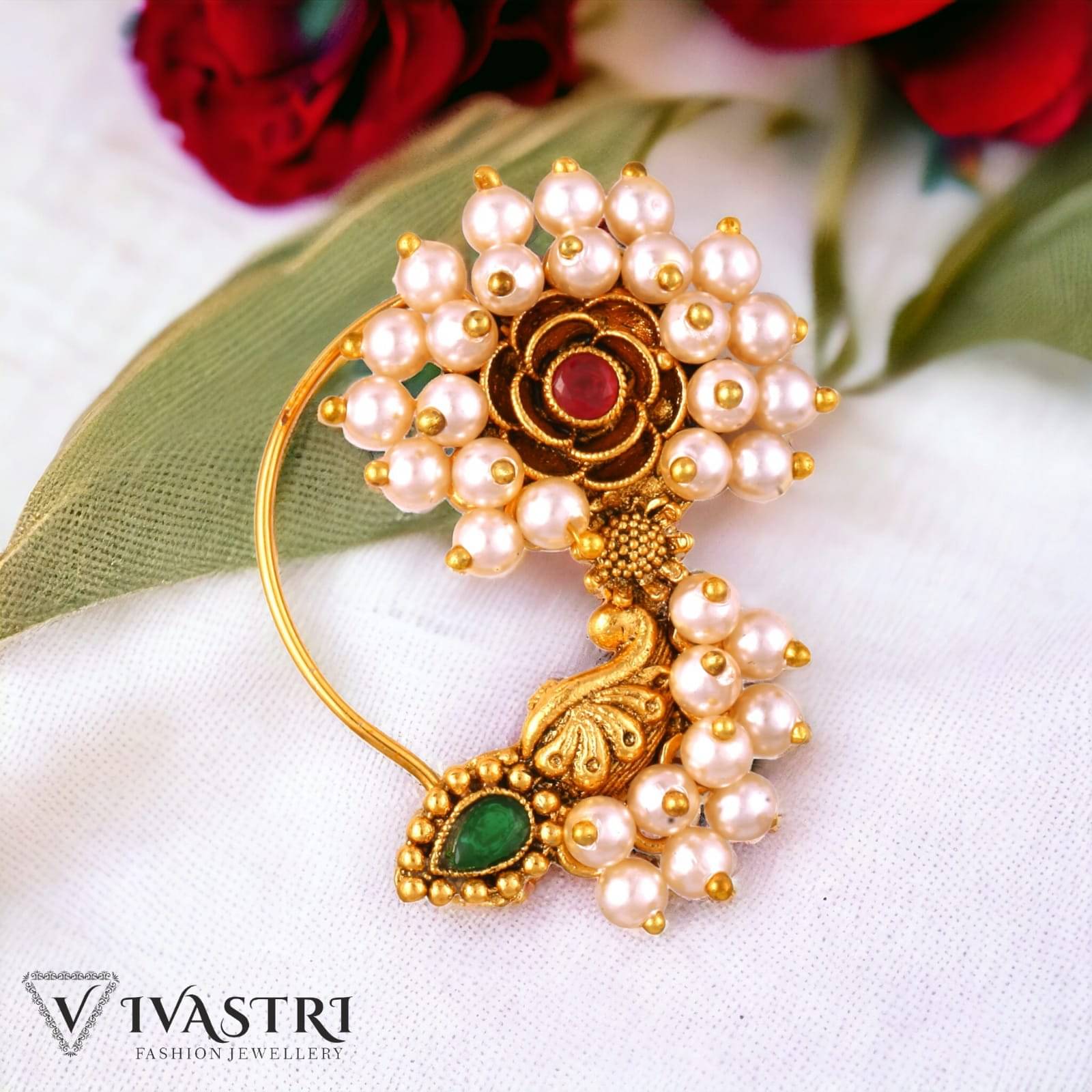     			Vivastri's Premium & Elegant Peackock Style Cubic Zirconia Bead Studded Nose Rings For Women & Girls -VIVA1279NTH-PRESS-MULTI
