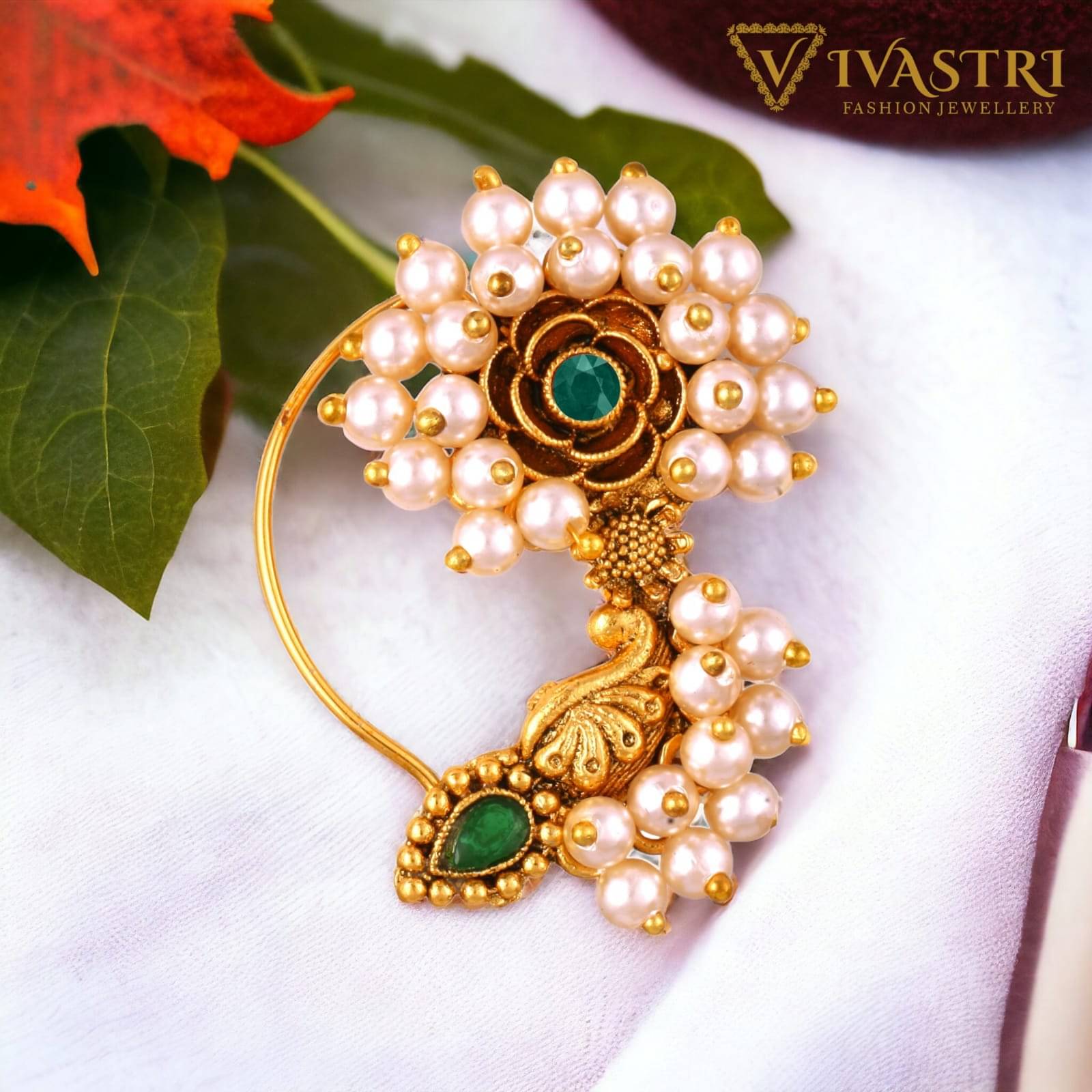 Vivastri's Premium & Elegant Peackock Style Cubic Zirconia Bead Studded Nose Rings For Women & Girls -VIVA1279NTH-PRESS-GREEN Vivastri's Premium & Elegant Peackock Style Cubic Zirconia Bead Studded Nose Rings For Women & Girls -VIVA1279NTH-PRESS-GREEN