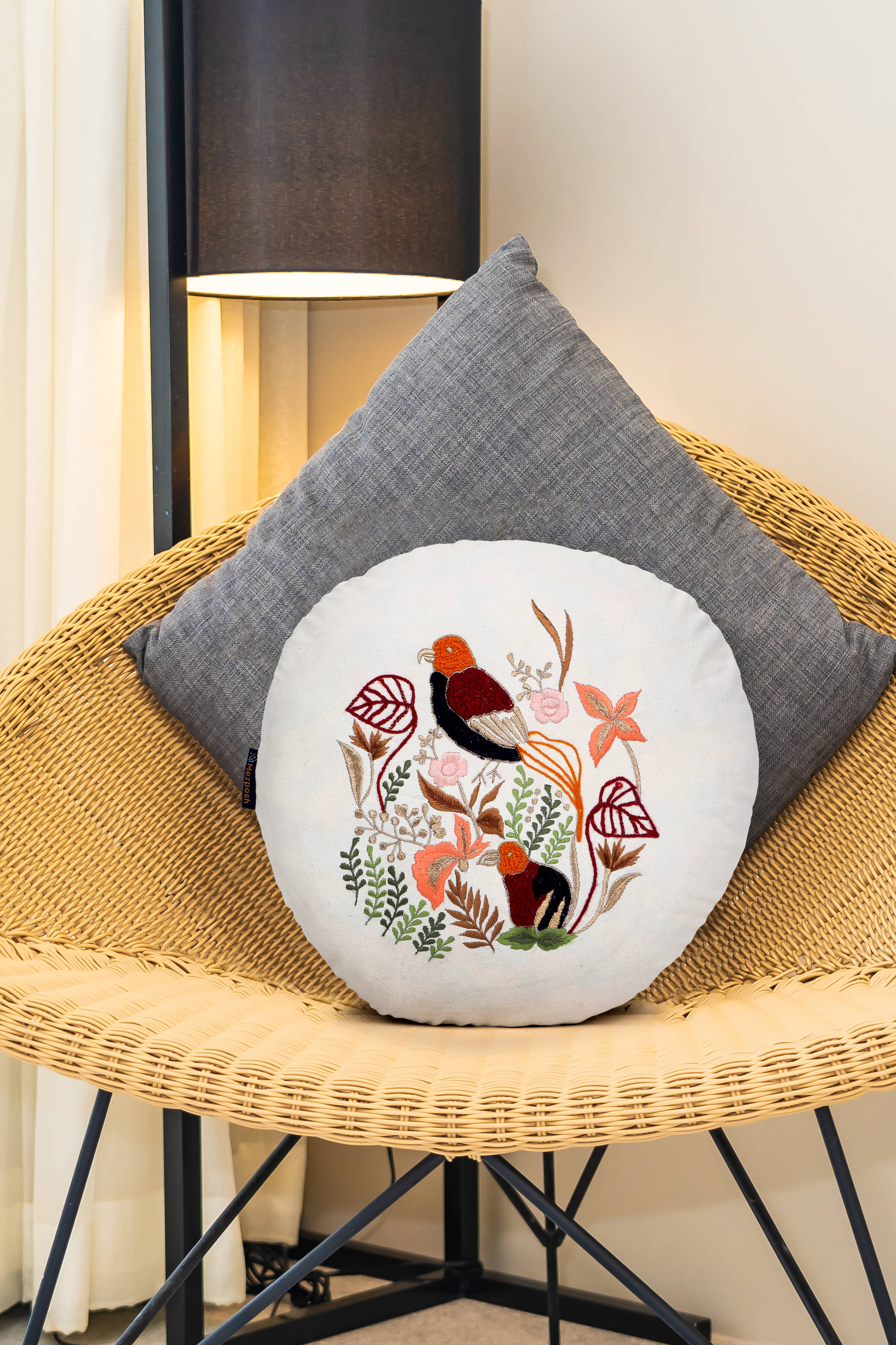     			mezposh Set of 1 Cotton Birds Round Cushion Cover (40X40)cm - Off White