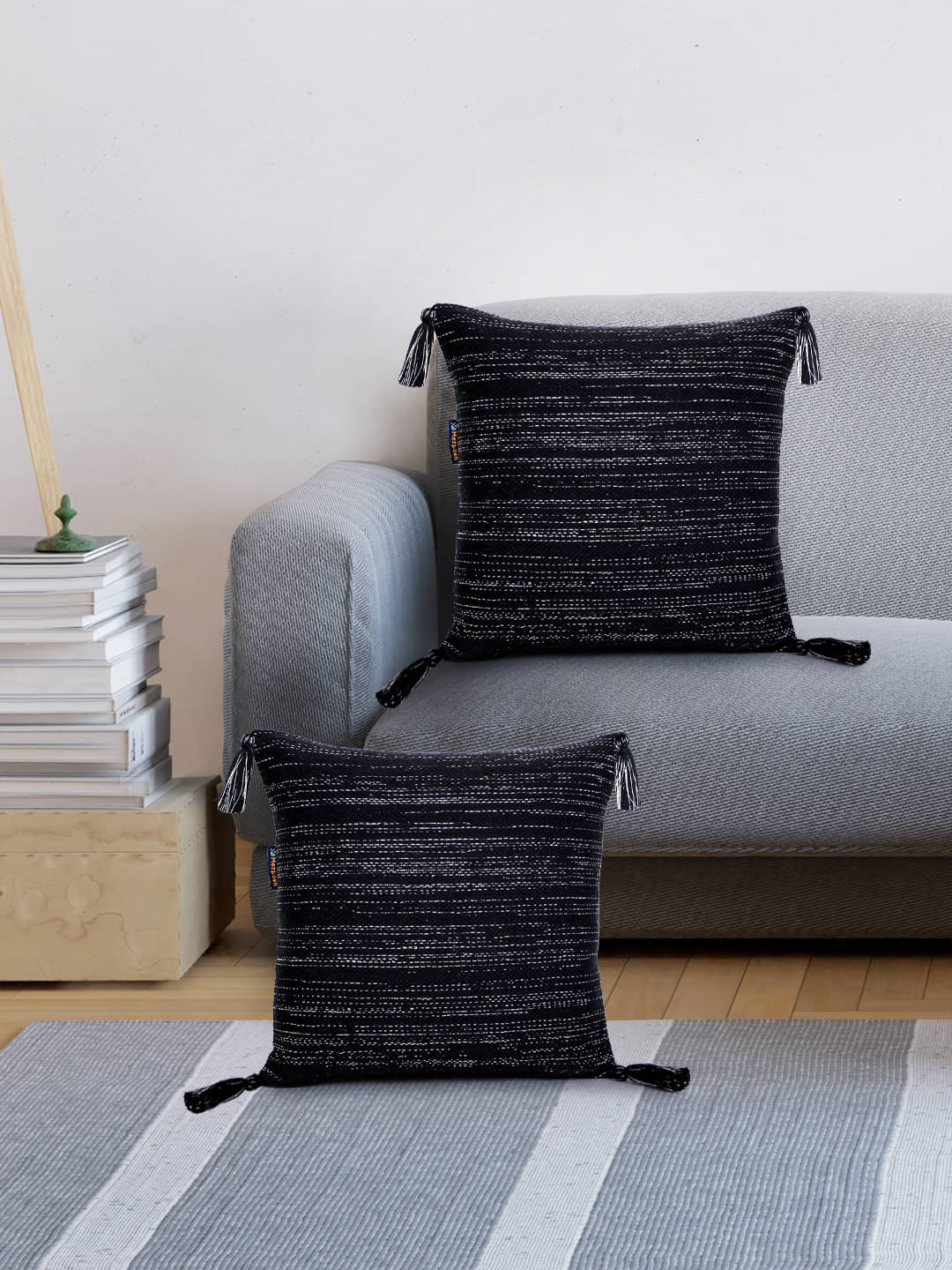     			mezposh Set of 2 Jacquard Horizontal Striped Square Cushion Cover (40X40)cm - Black