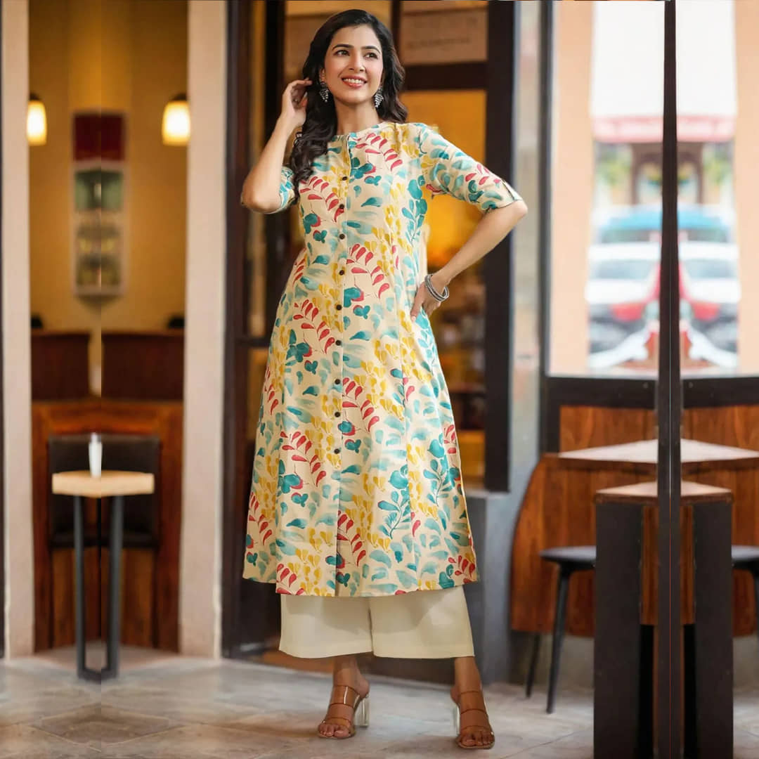 AMIRA'S INDIAN ETHNICWEAR Cotton Printed A-line Women's Kurti - Beige ( Pack of 1 ) - Kurtis, Tunics | Buy online on ZillyBuy