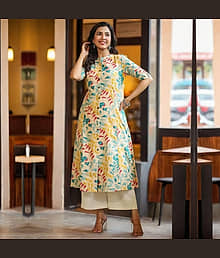 AMIRA'S INDIAN ETHNICWEAR Cotton Printed A-line Women's Kurti - Beige ( Pack of 1 )