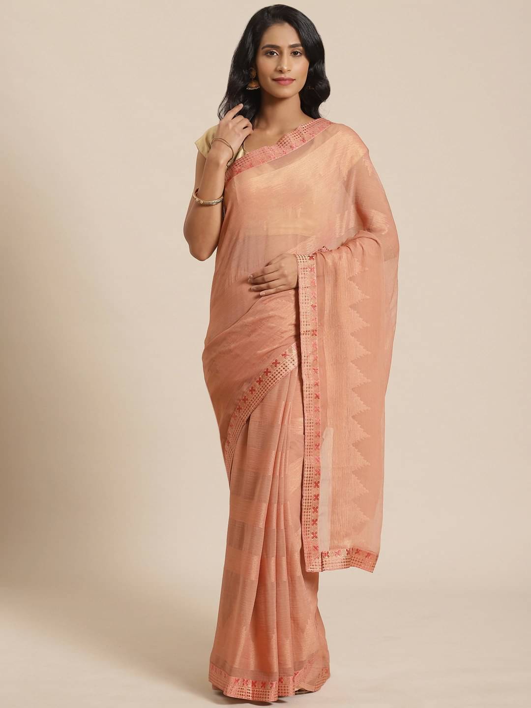 Aarrah Brasso Solid Saree With Unstitched Blouse Piece ( Peach ) Aarrah Brasso Solid Saree With Unstitched Blouse Piece ( Peach )