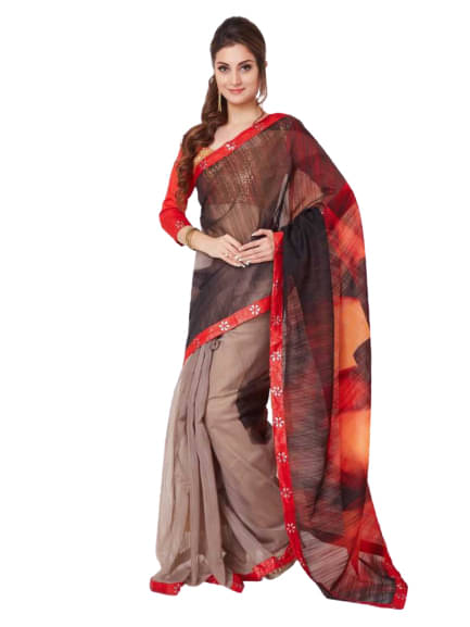     			Aarrah Georgette Printed Saree With Unstitched Blouse Piece ( Brown )