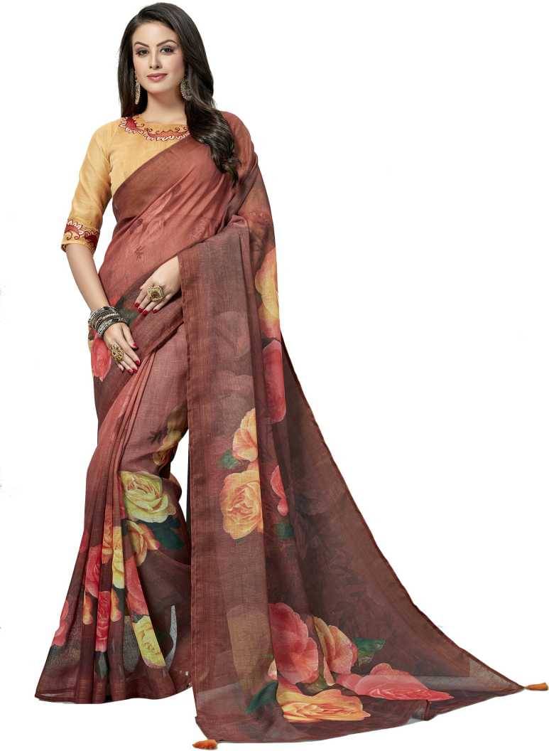    			Aarrah Linen Printed Saree With Unstitched Blouse Piece ( Brown )