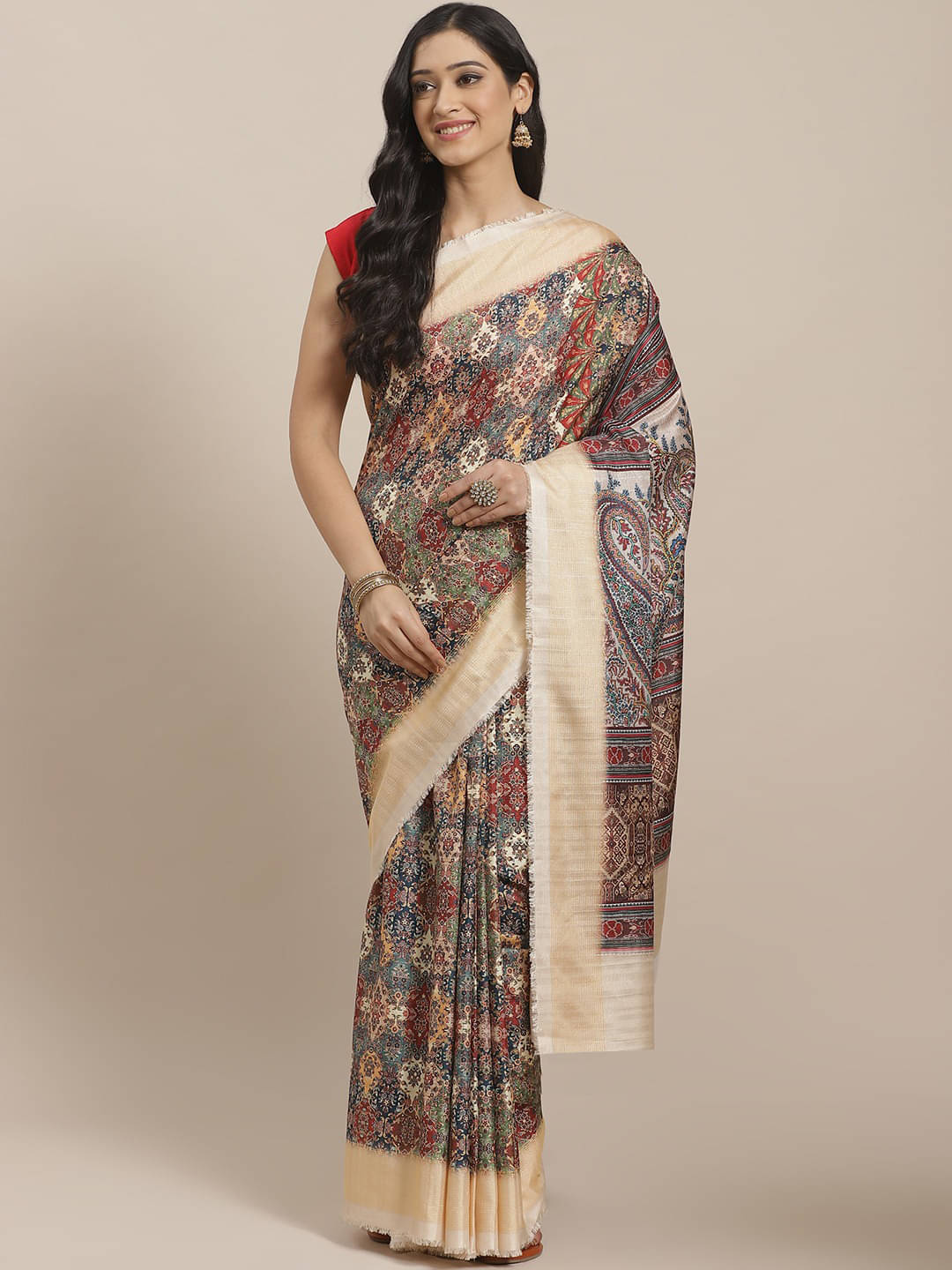 Aarrah Silk Blend Printed Saree With Unstitched Blouse Piece ( Multicolor ) Aarrah Silk Blend Printed Saree With Unstitched Blouse Piece ( Multicolor )