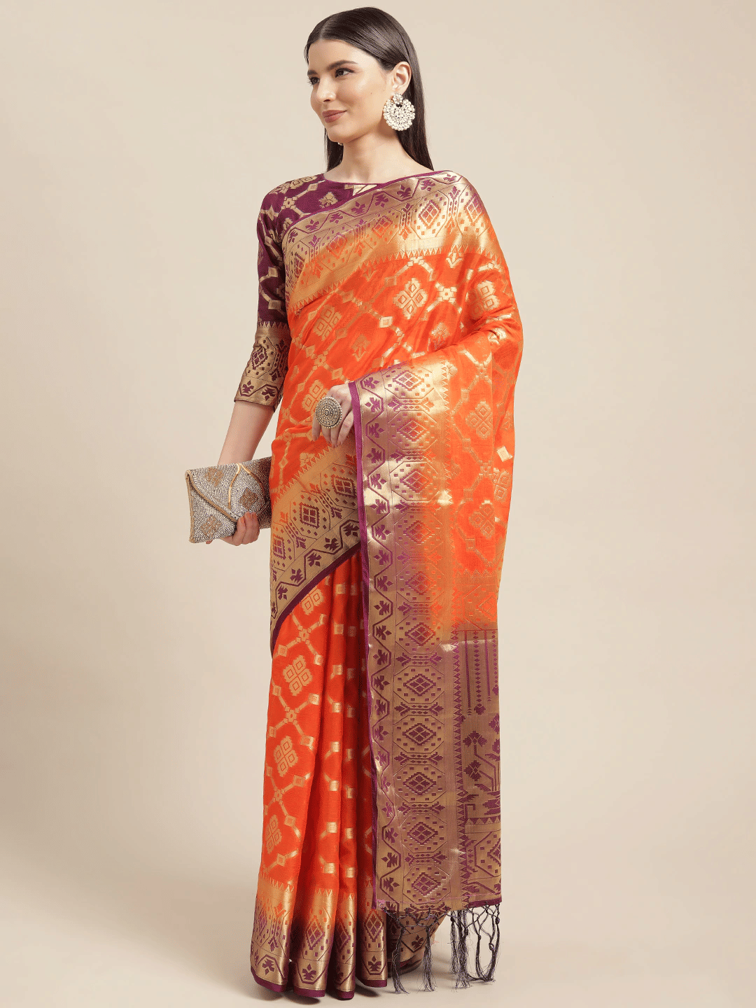     			Aarrah Silk Blend Woven Saree With Unstitched Blouse Piece ( Orange )