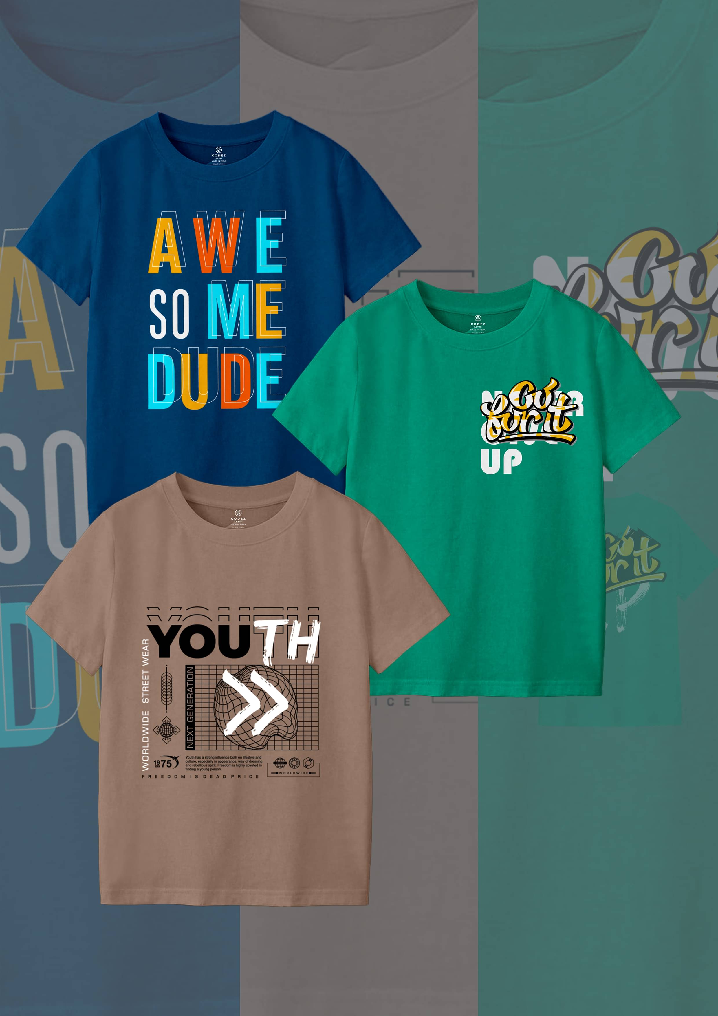     			CODEZ Pack of 3 Boys Cotton Blend T-Shirt ( Multi Color )