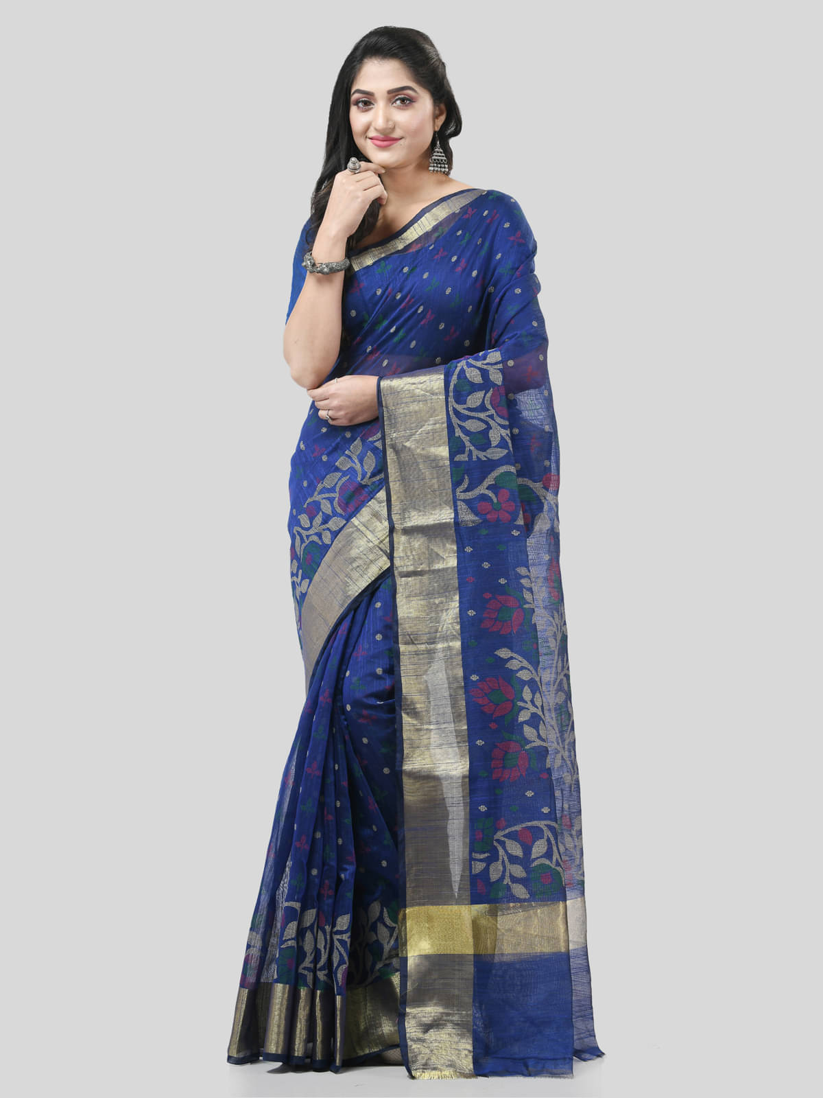     			Desh Bidesh Cotton Blend Self Design Saree With Unstitched Blouse Piece ( Blue )