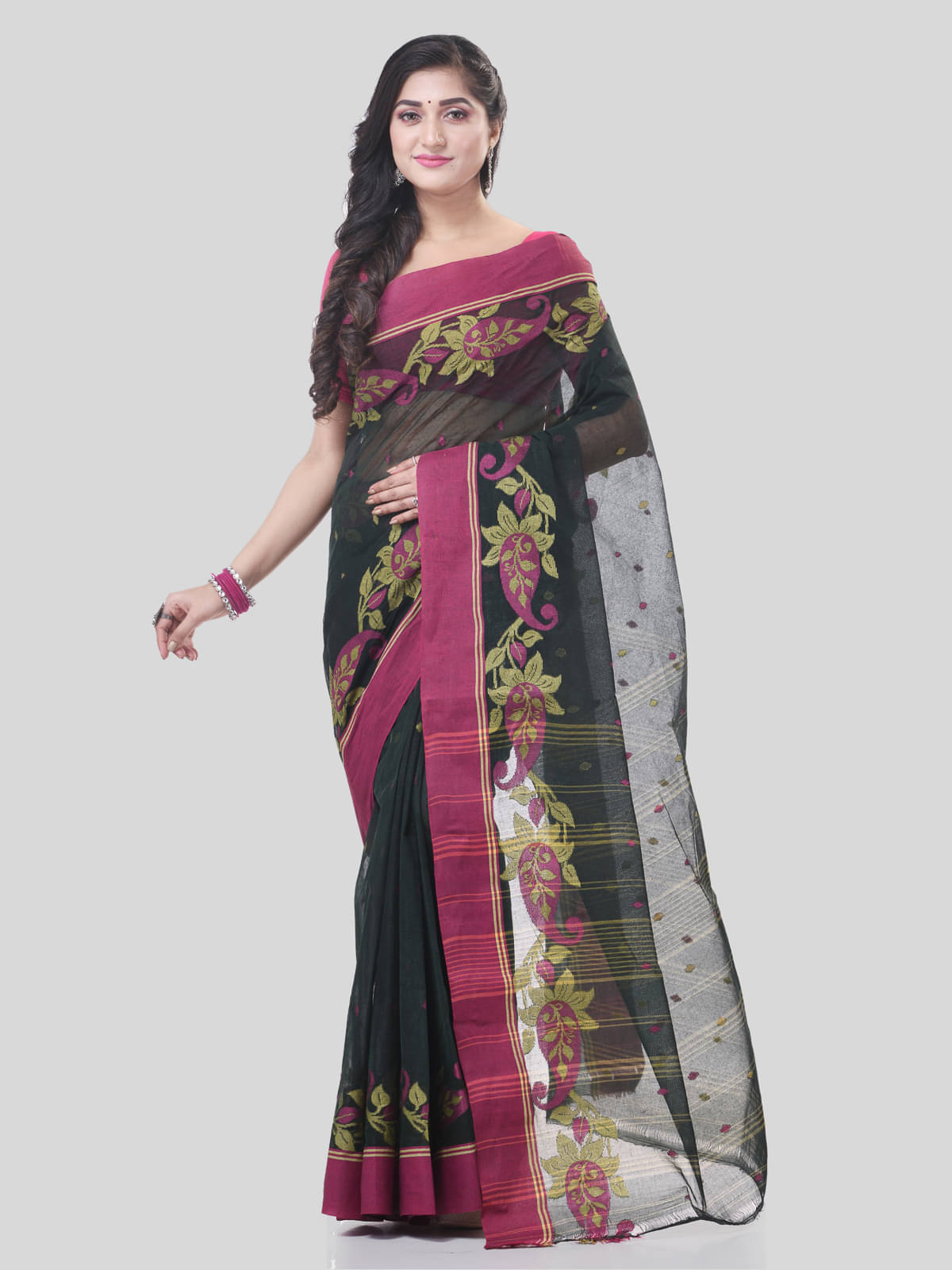Desh Bidesh Cotton Self Design Saree Without Blouse Piece ( Black )     			Desh Bidesh Cotton Self Design Saree Without Blouse Piece ( Black )