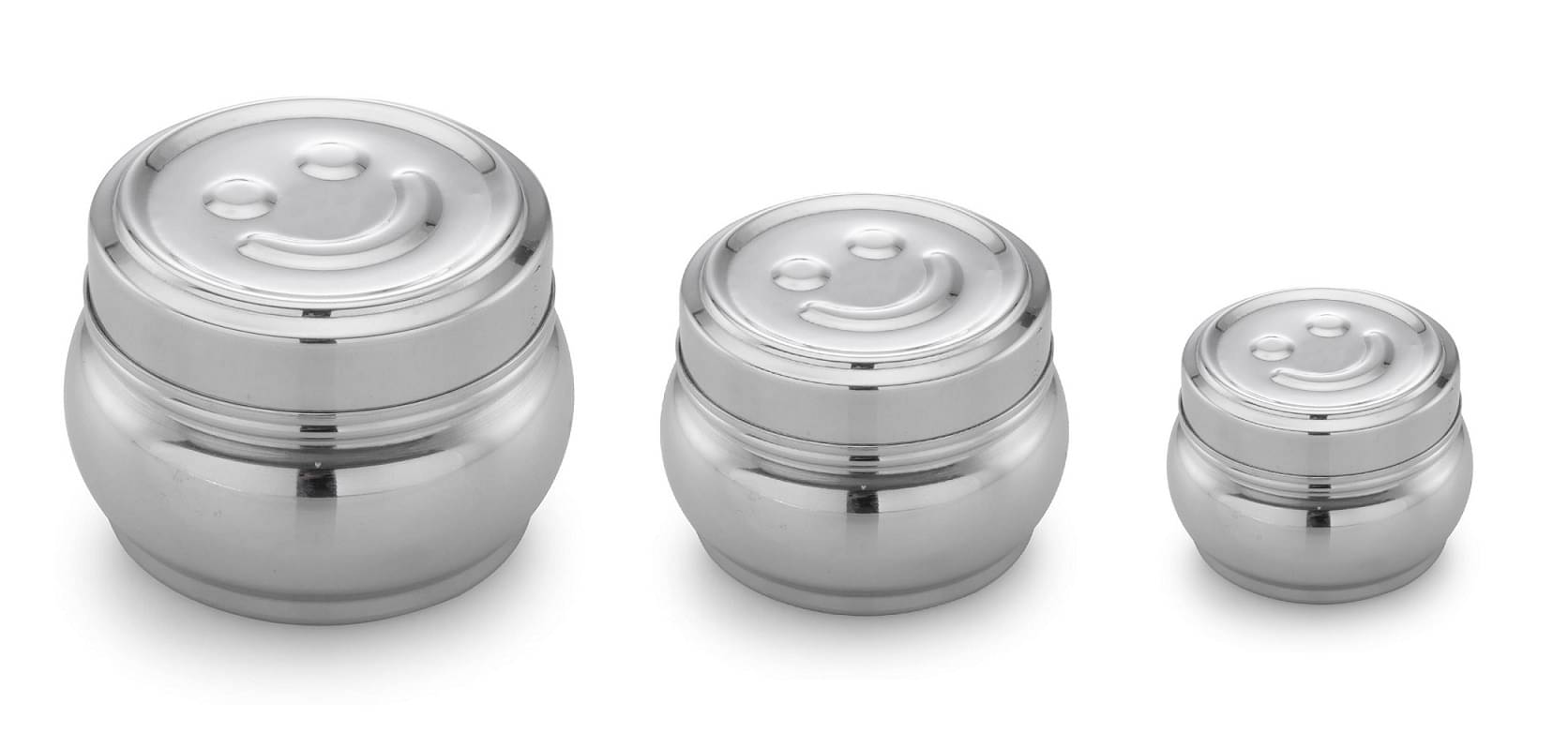Dynore 3 Pcs Smiley Dabba Steel Silver Utility Container ( Set of 3 ) Dynore 3 Pcs Smiley Dabba Steel Silver Utility Container ( Set of 3 )