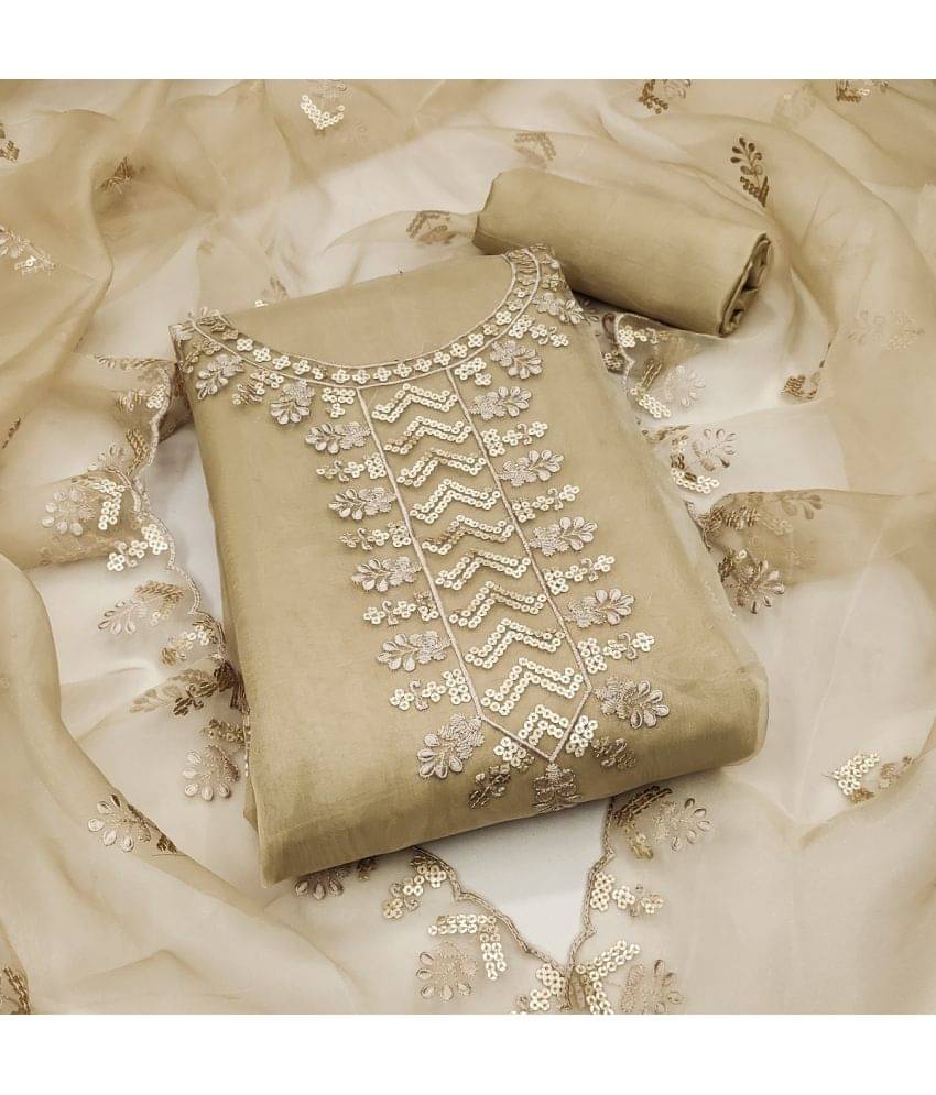     			Gazal Fashions Unstitched Organza Embellished Dress Material - Beige ( Pack of 1 )