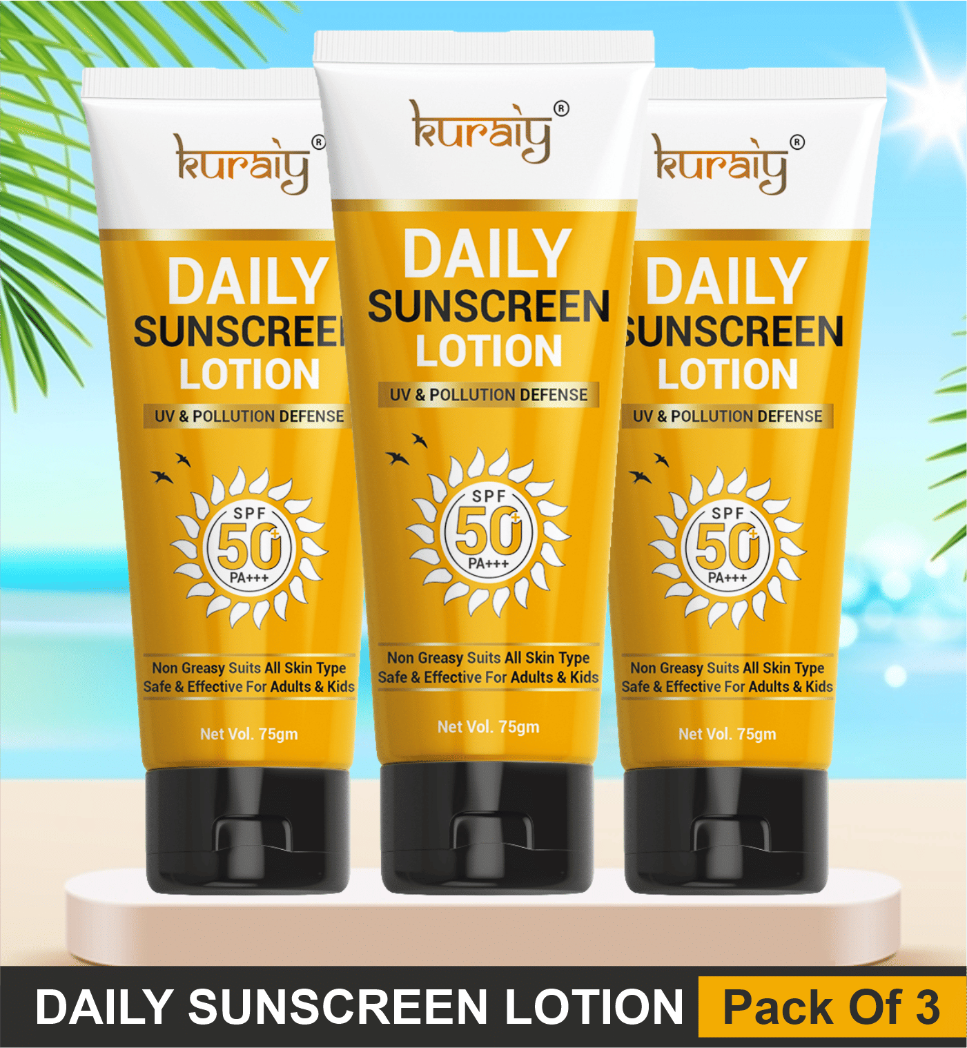 KURAIY SPF 50 PA+++ Sunscreen UV Lotion sunblock 75ML PACK OF 3