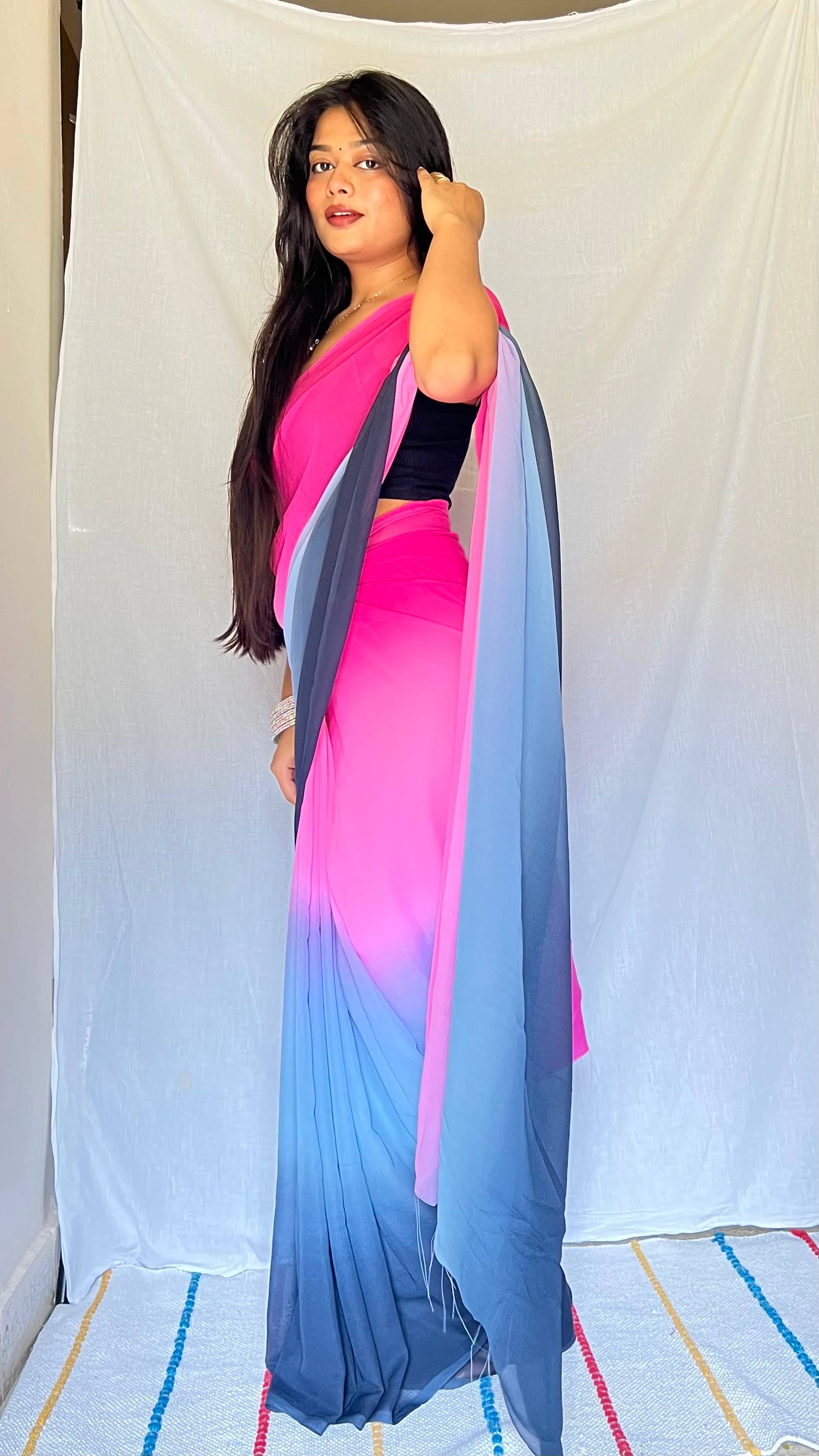 Kashvi Sarees Georgette Dyed Saree With Unstitched Blouse Piece ( Pink ) - Sarees | Buy online on ZillyBuy