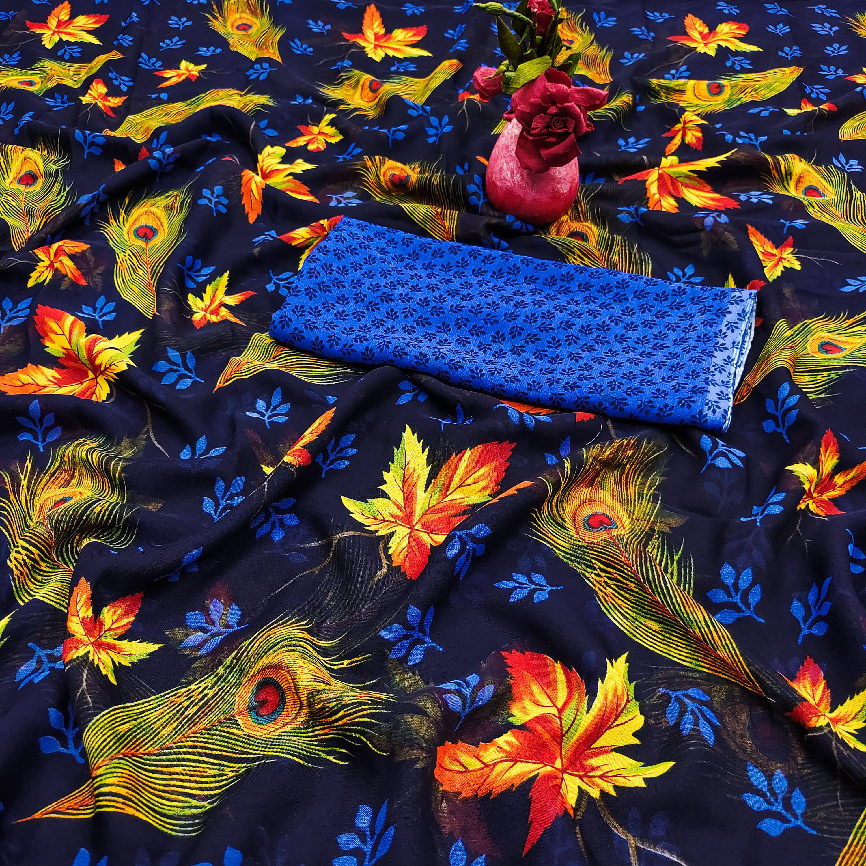 Kashvi Sarees Georgette Printed Saree With Unstitched Blouse Piece ( Navy Blue )