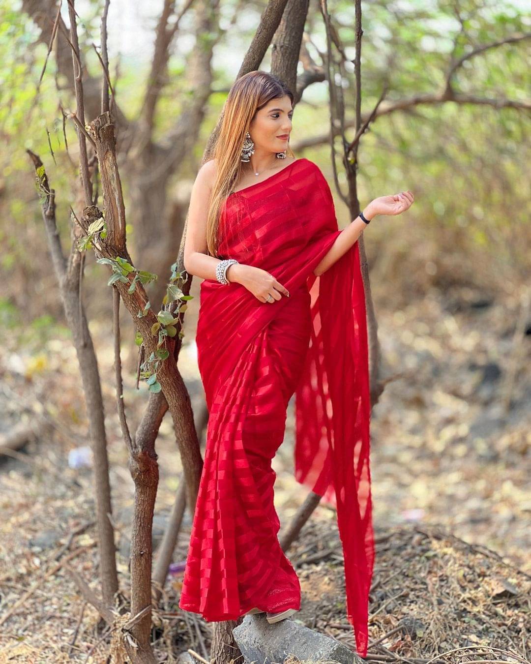 Kashvi Sarees Satin Striped Saree Without Blouse Piece ( Red ) Kashvi Sarees Satin Striped Saree Without Blouse Piece ( Red )