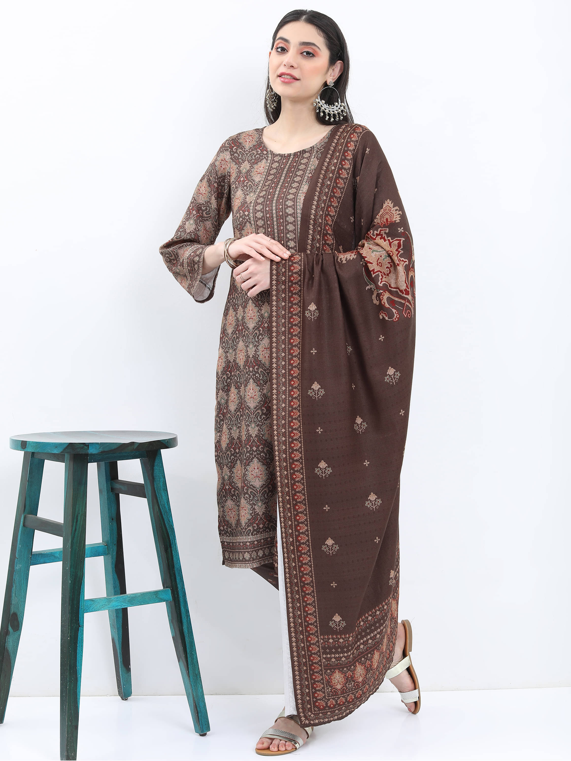     			Ketch Polyester Self Design Kurti With Palazzo Women's Stitched Salwar Suit - Brown ( Pack of 1 )