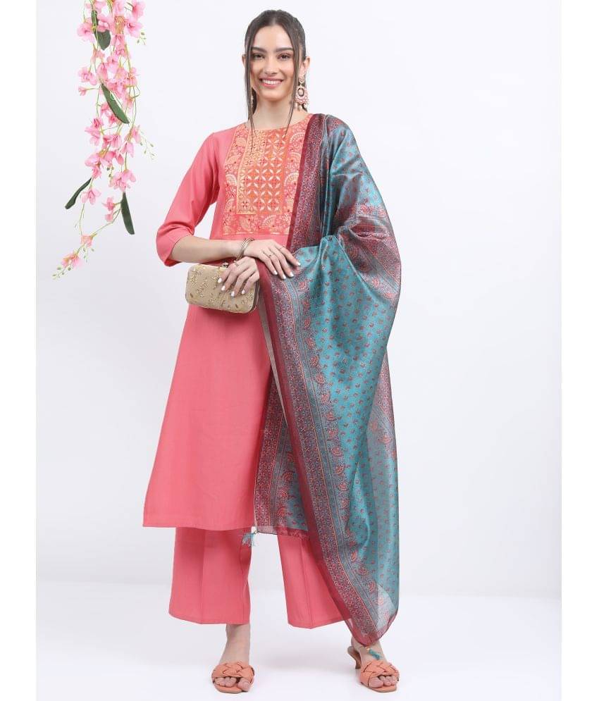     			Ketch Viscose Self Design Kurti With Palazzo Women's Stitched Salwar Suit - Coral ( Pack of 1 )