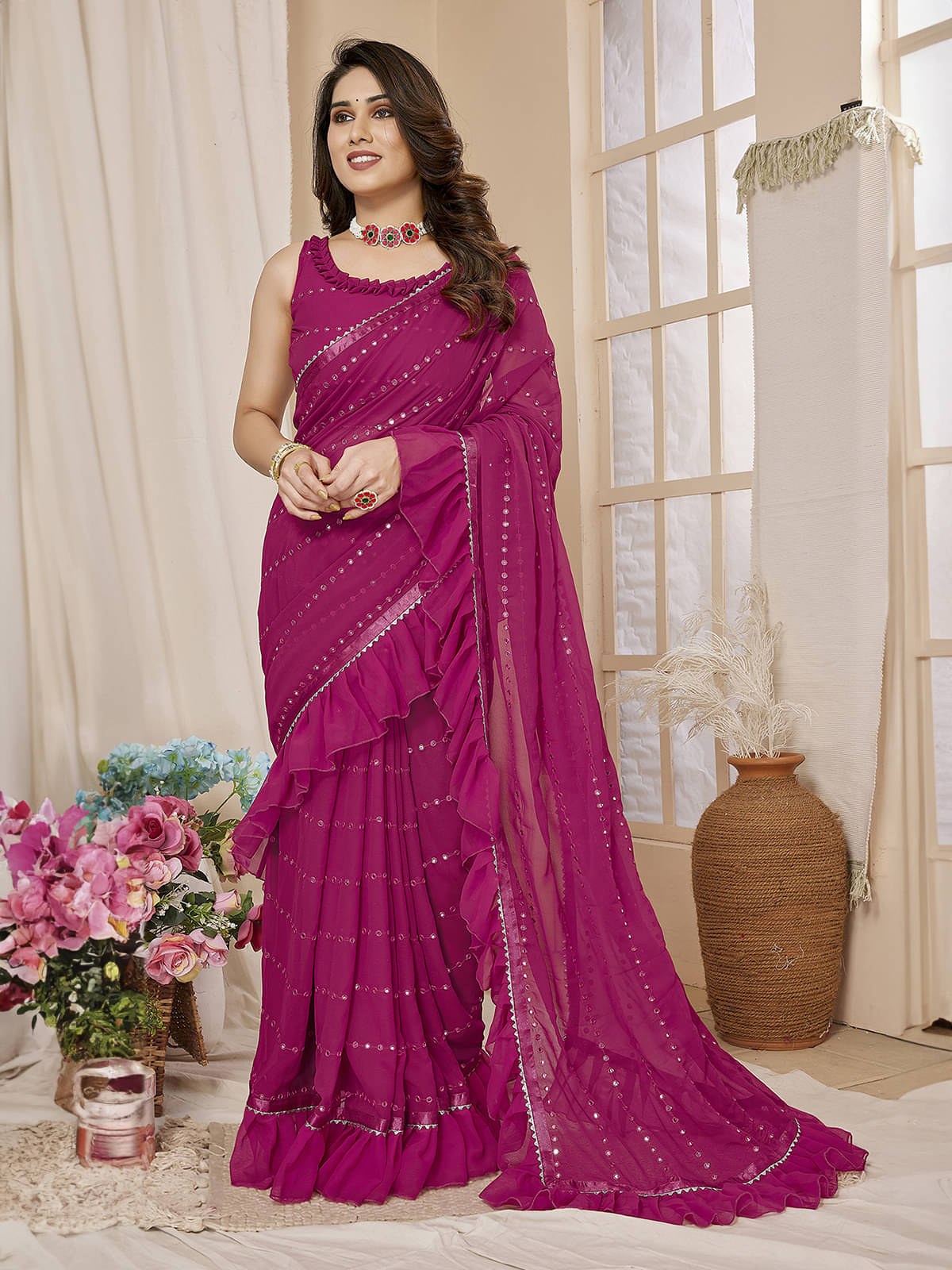 BLEESBURY Georgette Embellished Saree With Unstitched Blouse Piece ( Pink ) BLEESBURY Georgette Embellished Saree With Unstitched Blouse Piece ( Pink )