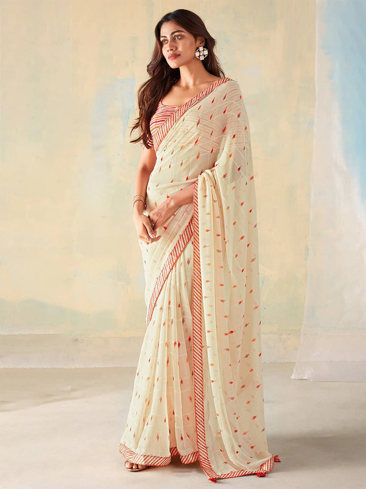 BLEESBURY Georgette Printed Saree With Unstitched Blouse Piece ( Cream ) BLEESBURY Georgette Printed Saree With Unstitched Blouse Piece ( Cream )