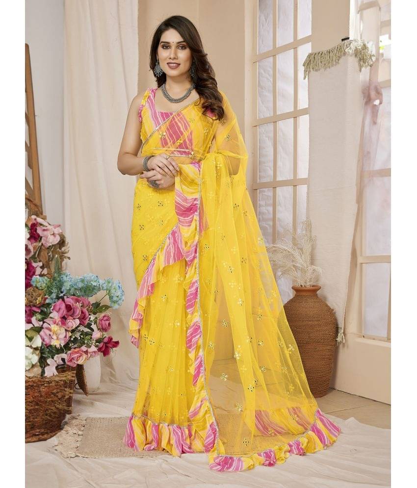 BLEESBURY Net Embroidered Saree With Unstitched Blouse Piece ( Yellow ) BLEESBURY Net Embroidered Saree With Unstitched Blouse Piece ( Yellow )
