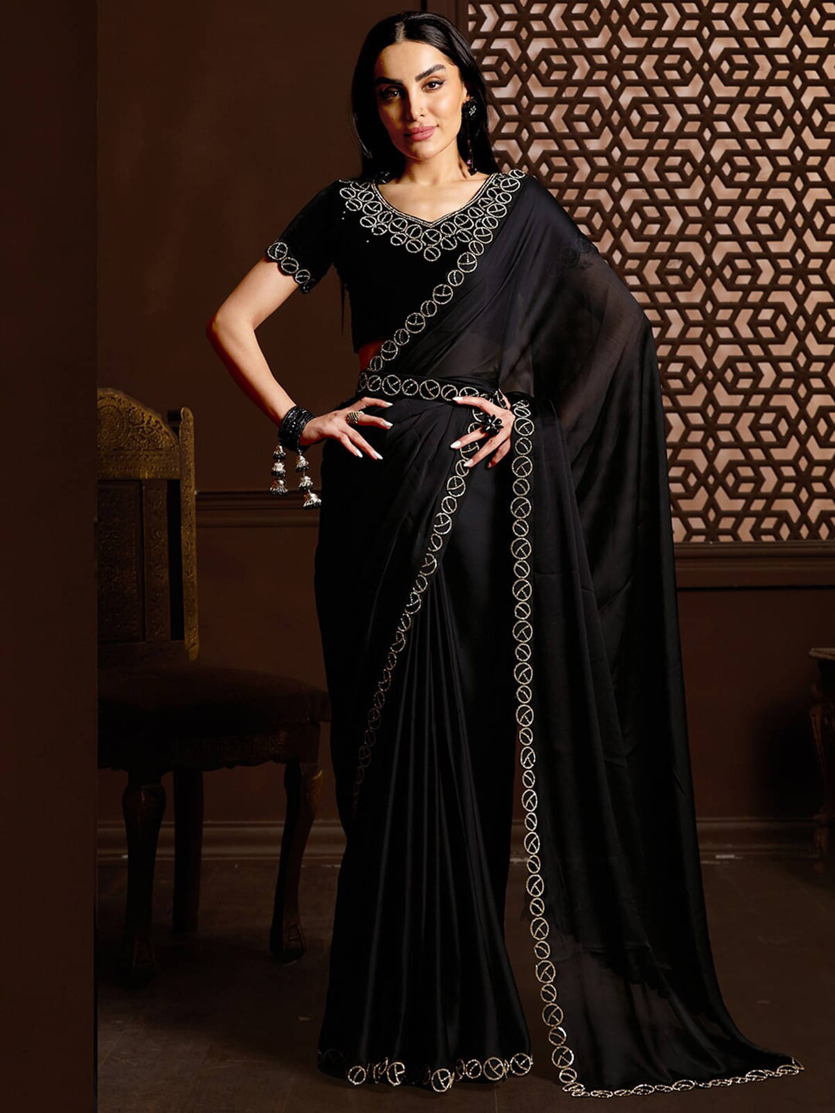 BLEESBURY Satin Embellished Saree With Unstitched Blouse Piece ( Black ) BLEESBURY Satin Embellished Saree With Unstitched Blouse Piece ( Black )