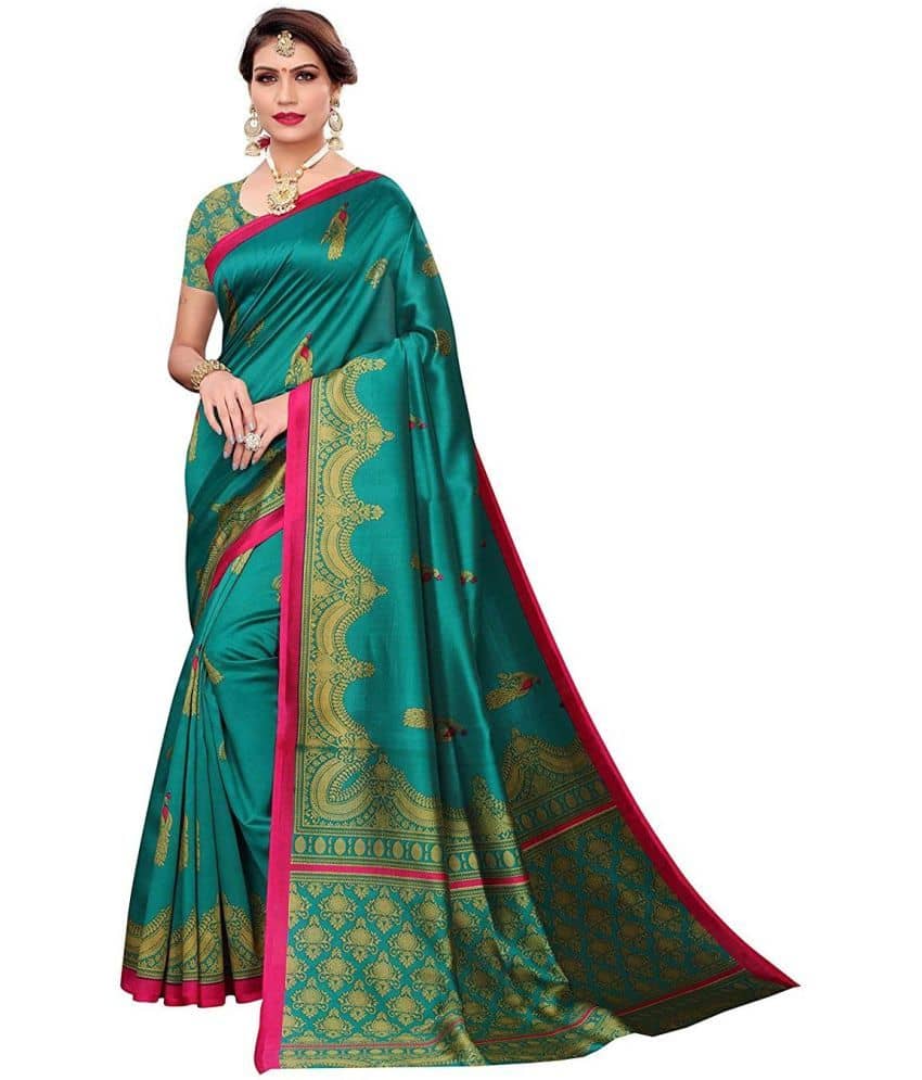 Saadhvi Art Silk Printed Saree With Unstitched Blouse Piece ( Green ) - Sarees | Buy online on ZillyBuy