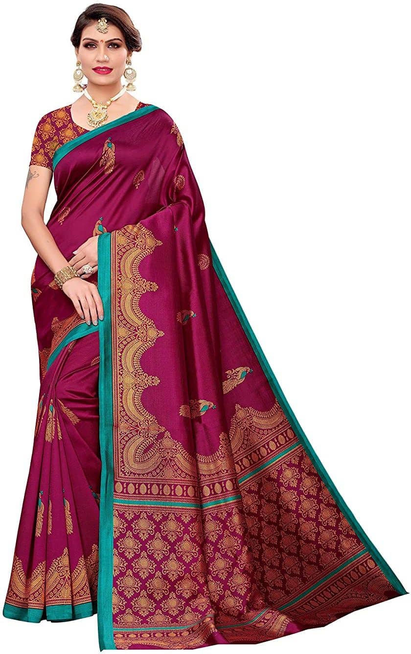Saadhvi Art Silk Printed Saree With Unstitched Blouse Piece ( Purple ) - Sarees | Buy online on ZillyBuy