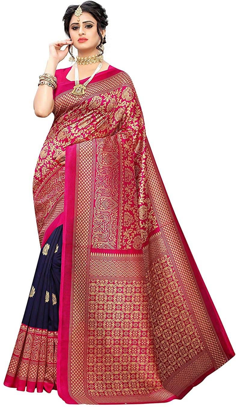 Saadhvi Art Silk Printed Saree With Unstitched Blouse Piece ( Blue ) - Sarees | Buy online on ZillyBuy