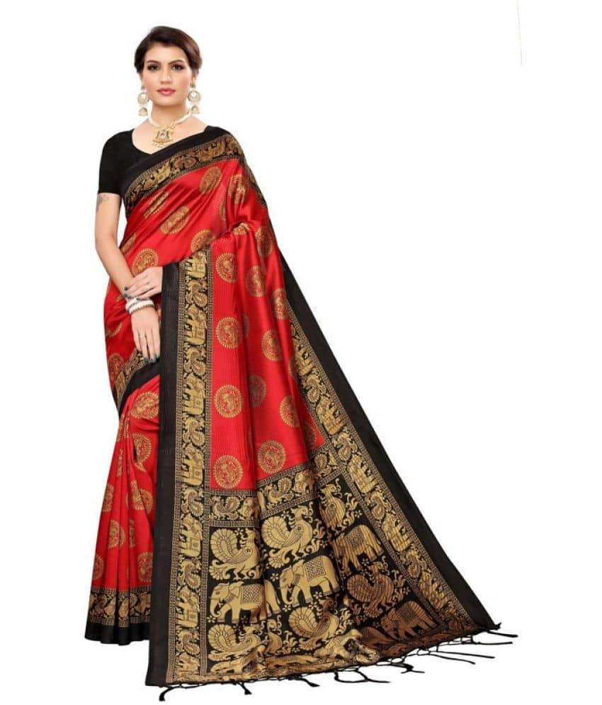 Saadhvi Art Silk Printed Saree With Unstitched Blouse Piece ( Red ) - Sarees | Buy online on ZillyBuy