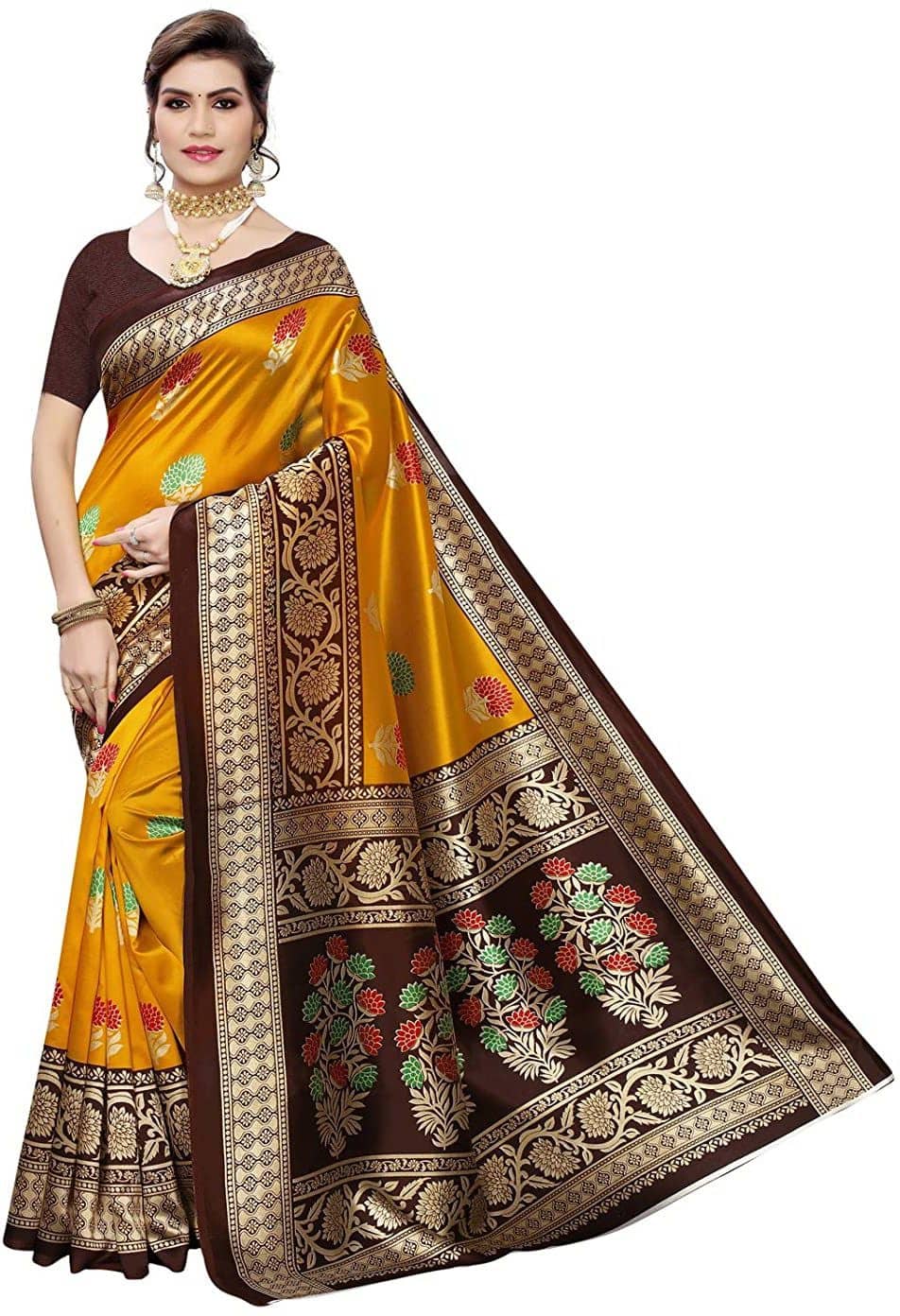 Saadhvi Art Silk Printed Saree With Unstitched Blouse Piece ( Mustard ) - Sarees | Buy online on ZillyBuy