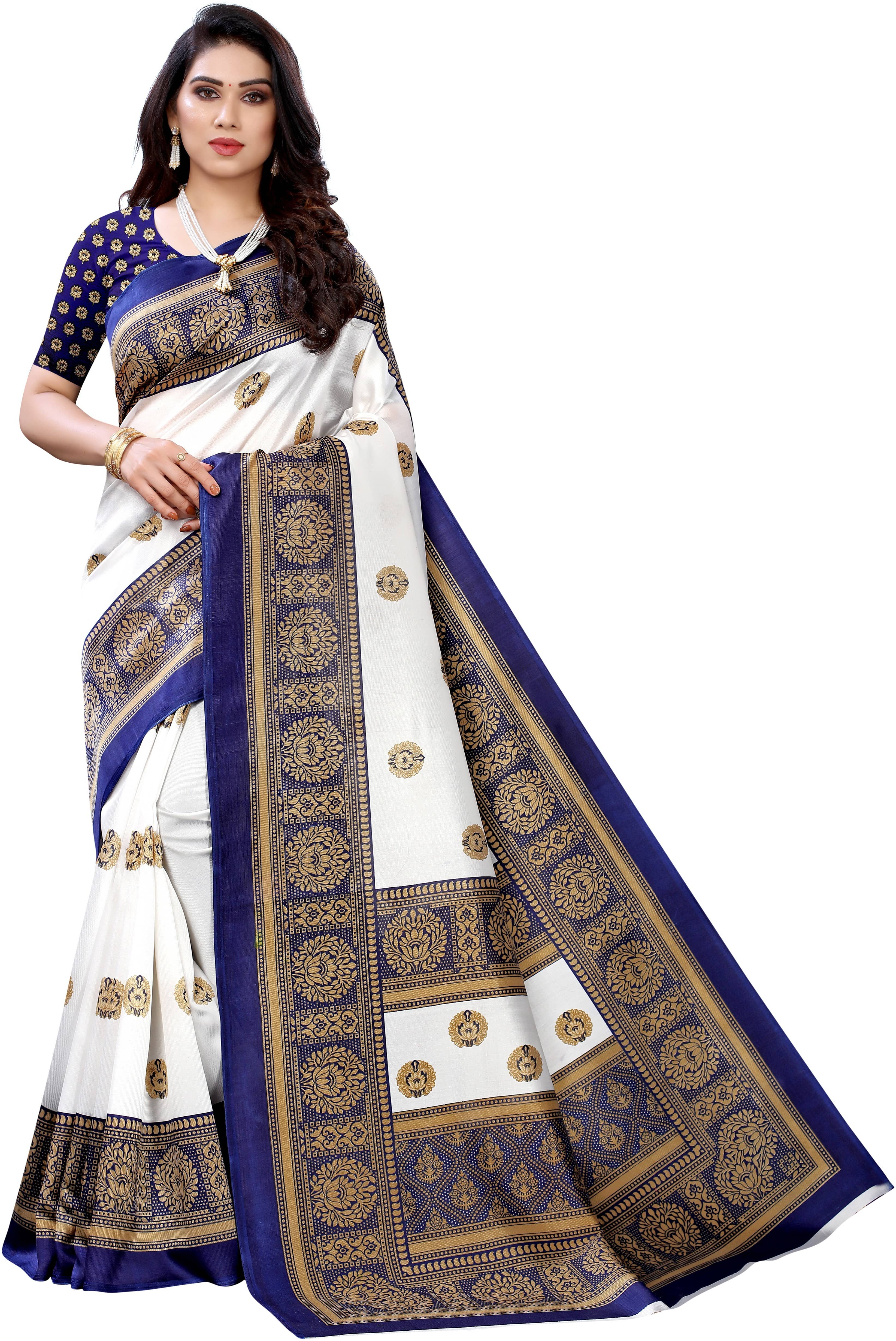 Saadhvi Art Silk Printed Saree With Unstitched Blouse Piece ( Blue ) - Sarees | Buy online on ZillyBuy