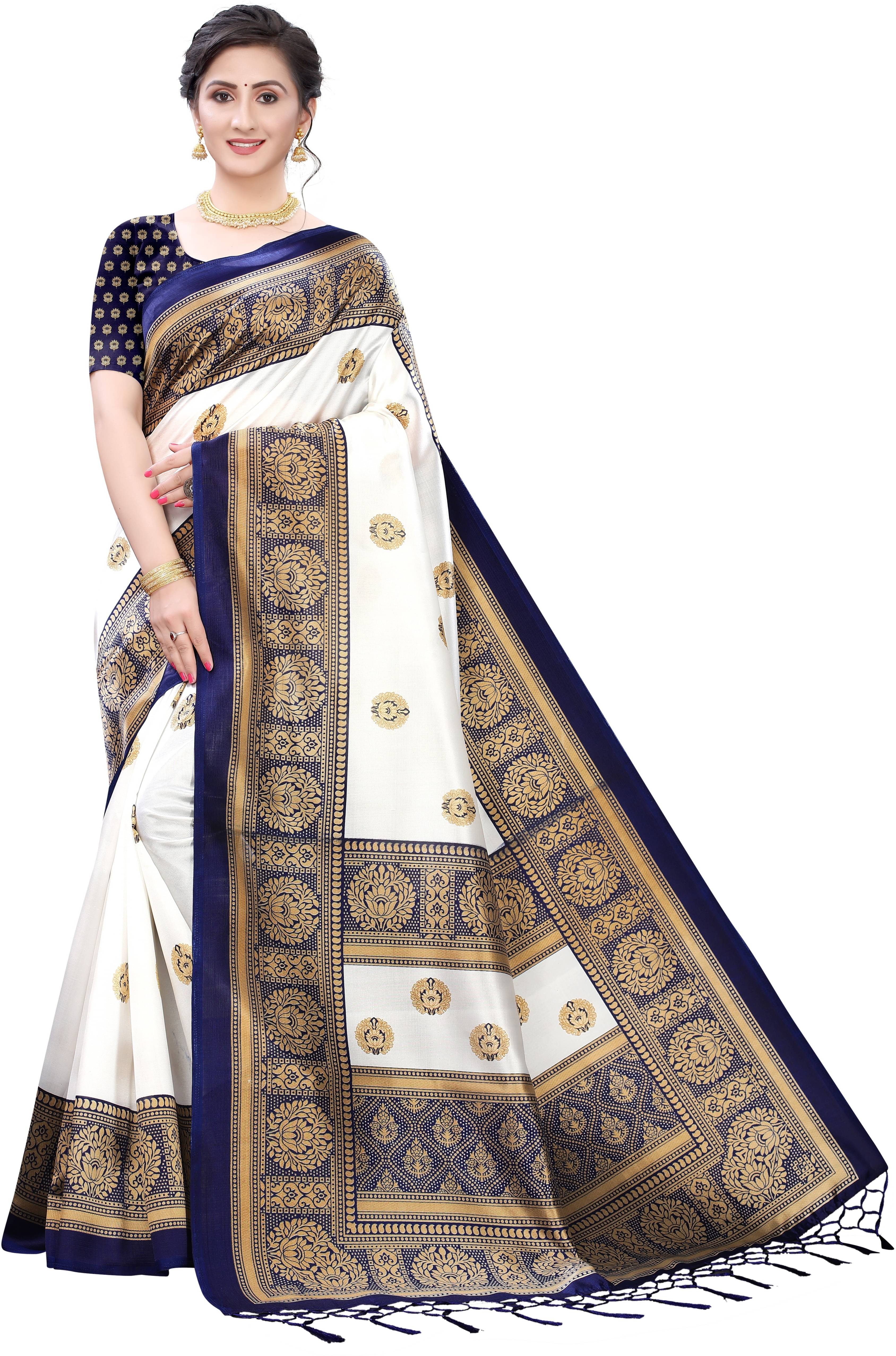     			Saadhvi Art Silk Printed Saree With Unstitched Blouse Piece ( Blue )