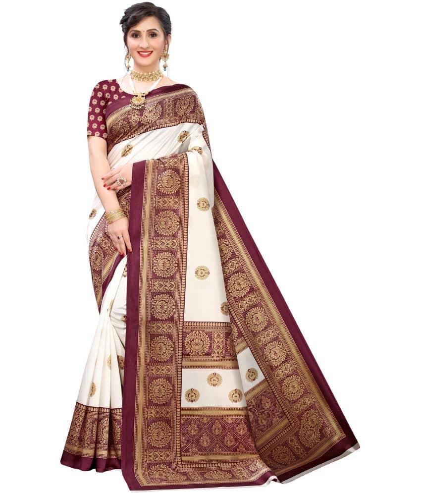 Saadhvi Art Silk Printed Saree With Unstitched Blouse Piece ( White ) - Sarees | Buy online on ZillyBuy