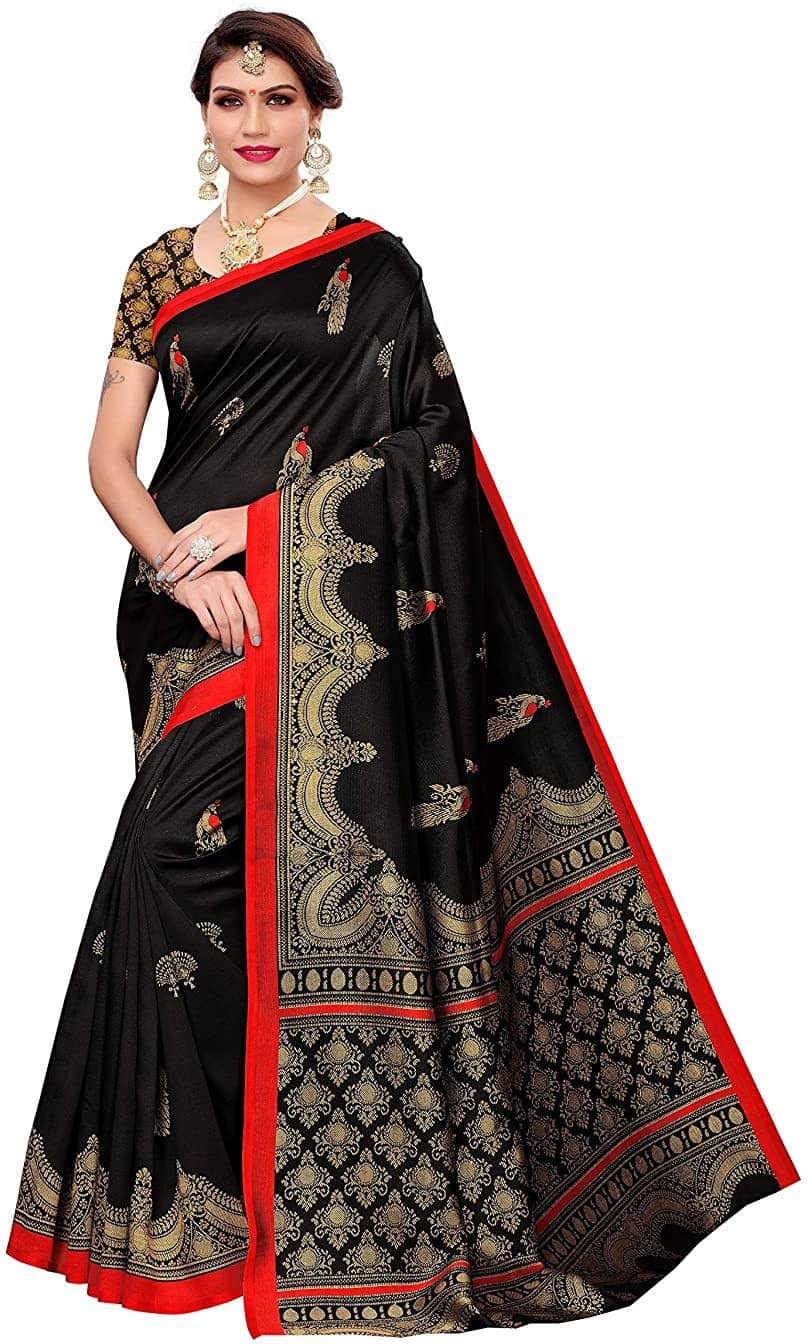 Saadhvi Art Silk Printed Saree With Unstitched Blouse Piece ( Orange ) - Sarees | Buy online on ZillyBuy