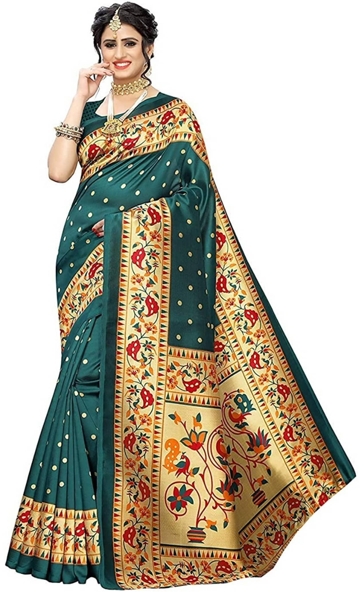 Saadhvi Art Silk Printed Saree With Unstitched Blouse Piece ( Multicolour )