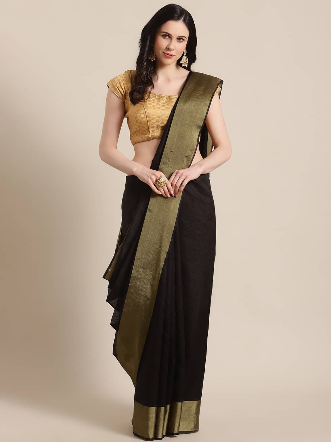 Saadhvi Chanderi Solid Saree With Unstitched Blouse Piece ( Black ) Saadhvi Chanderi Solid Saree With Unstitched Blouse Piece ( Black )