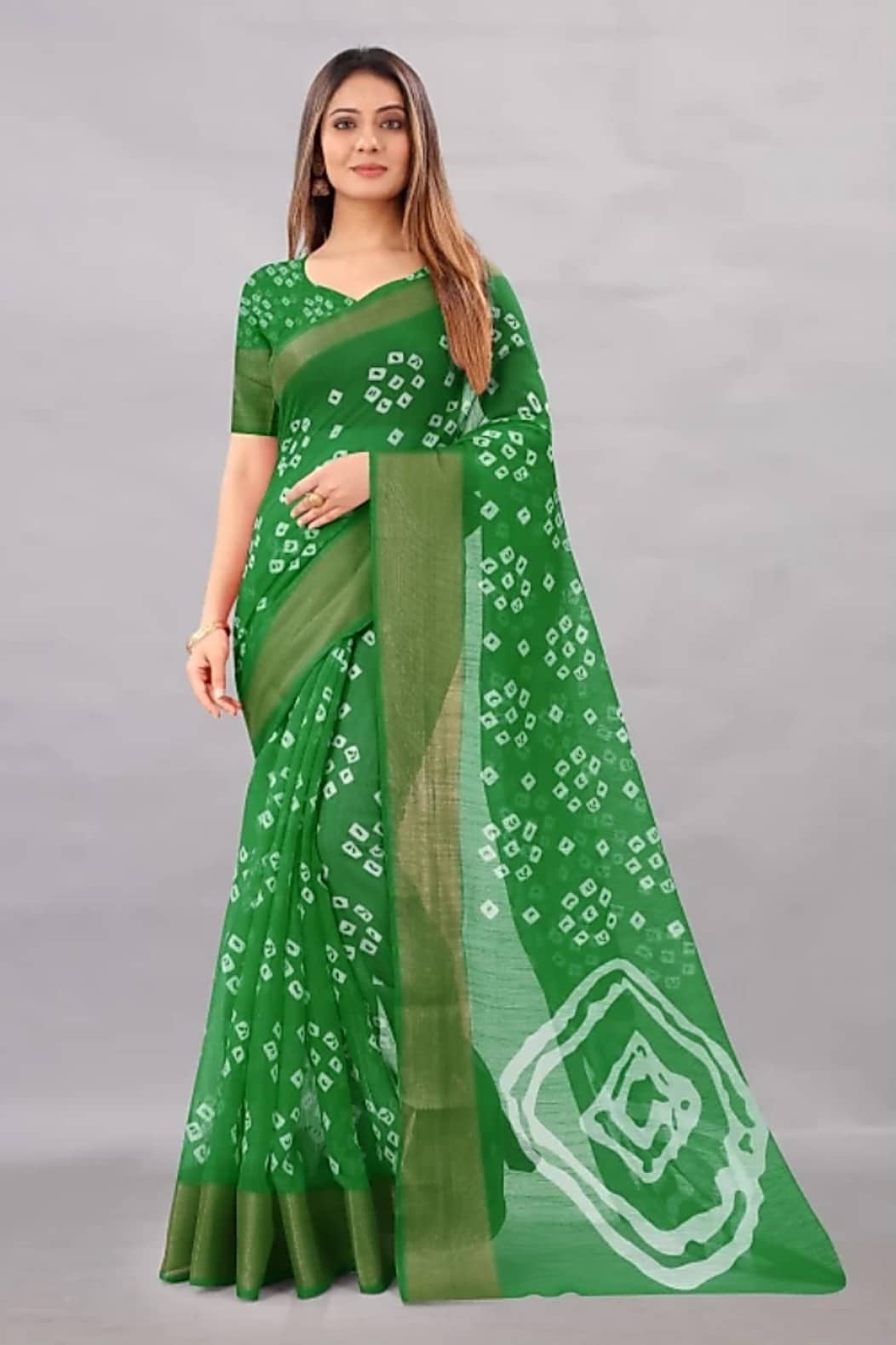 Saadhvi Cotton Blend Applique Saree With Unstitched Blouse Piece ( Green ) - Sarees | Buy online on ZillyBuy
