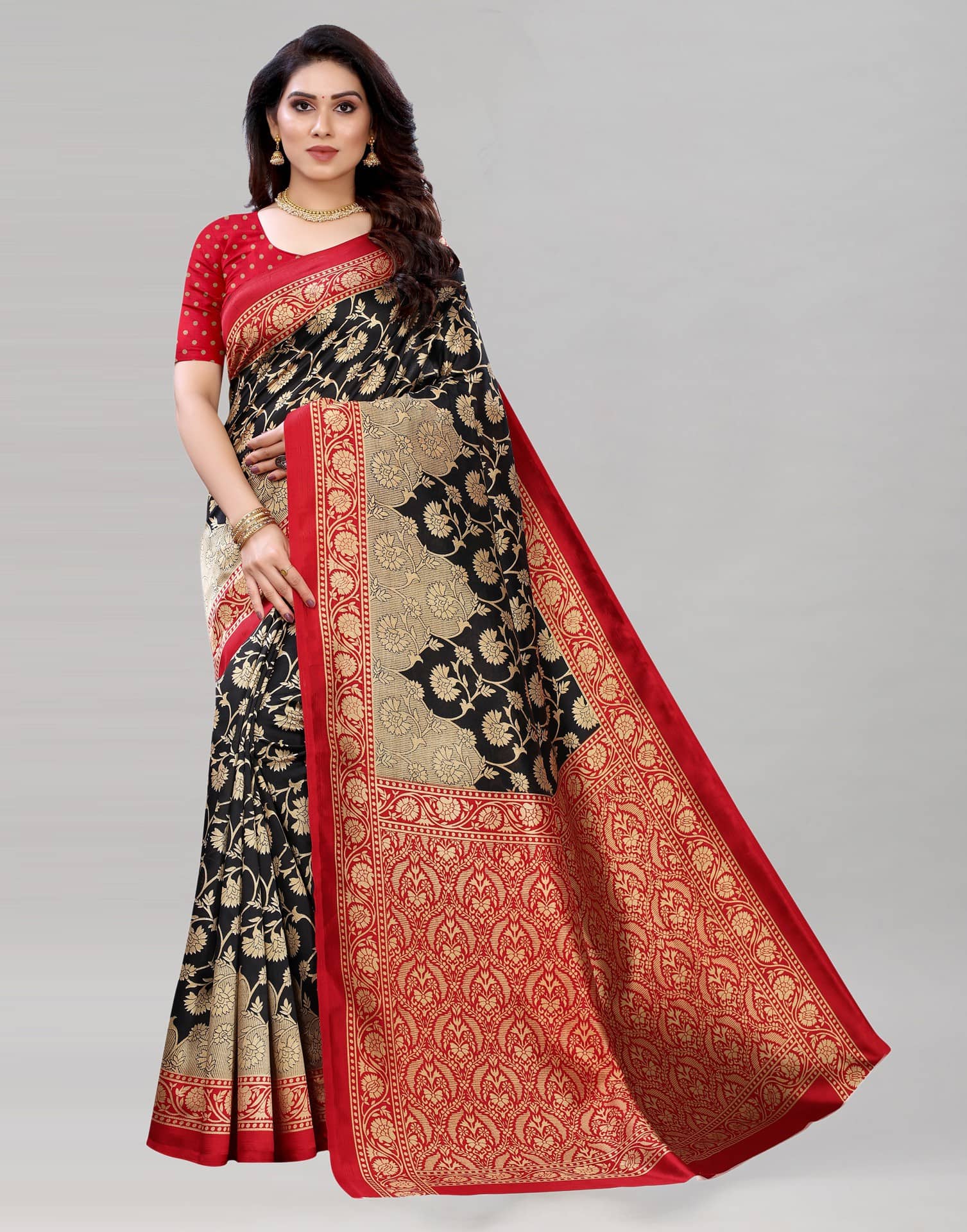 Saadhvi Cotton Silk Printed Saree With Unstitched Blouse Piece ( Black ) - Sarees | Buy online on ZillyBuy