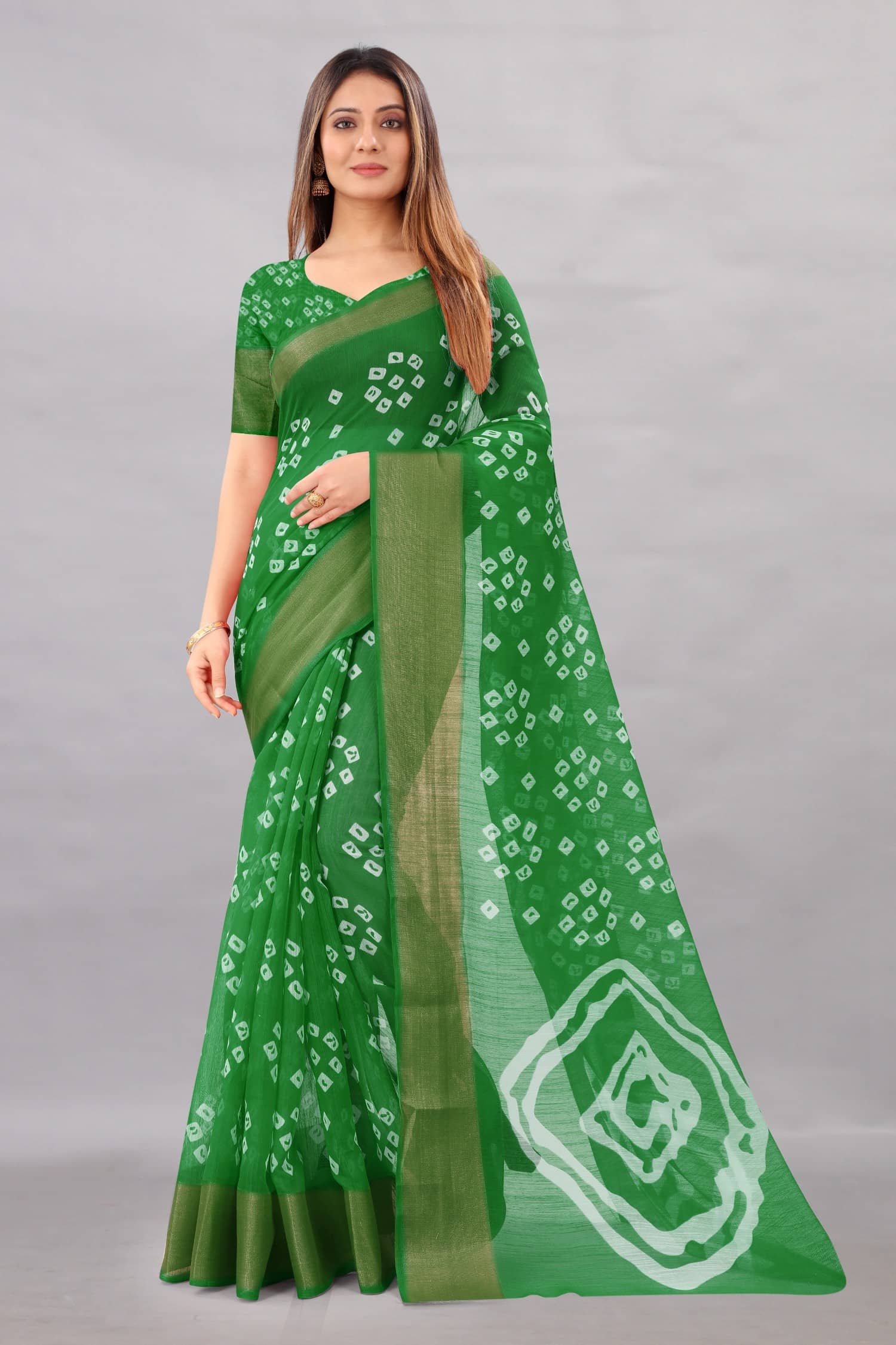 Saadhvi Cotton Silk Printed Saree With Unstitched Blouse Piece ( Green ) - Sarees | Buy online on ZillyBuy