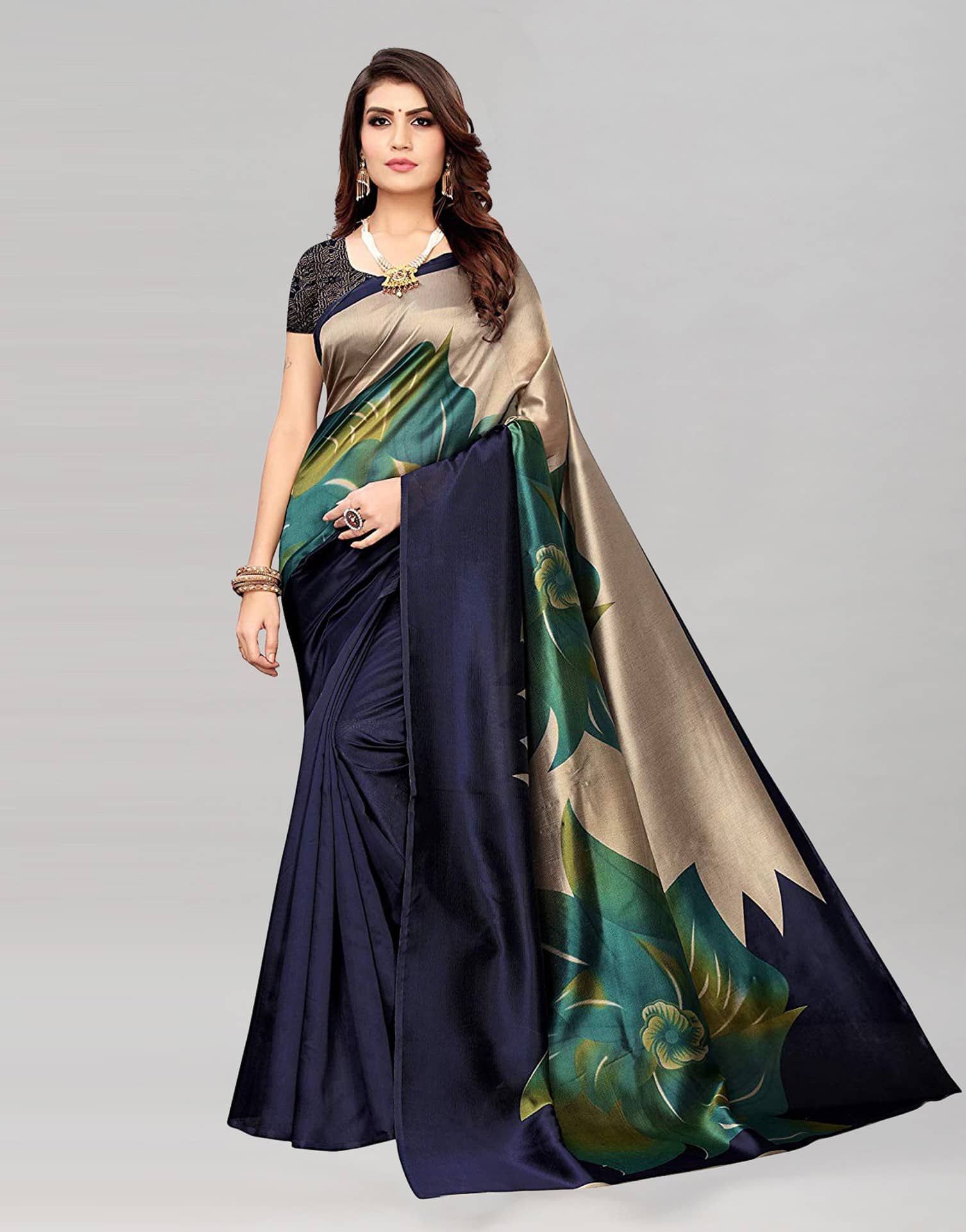 Saadhvi Cotton Silk Printed Saree With Unstitched Blouse Piece ( Blue ) - Sarees | Buy online on ZillyBuy