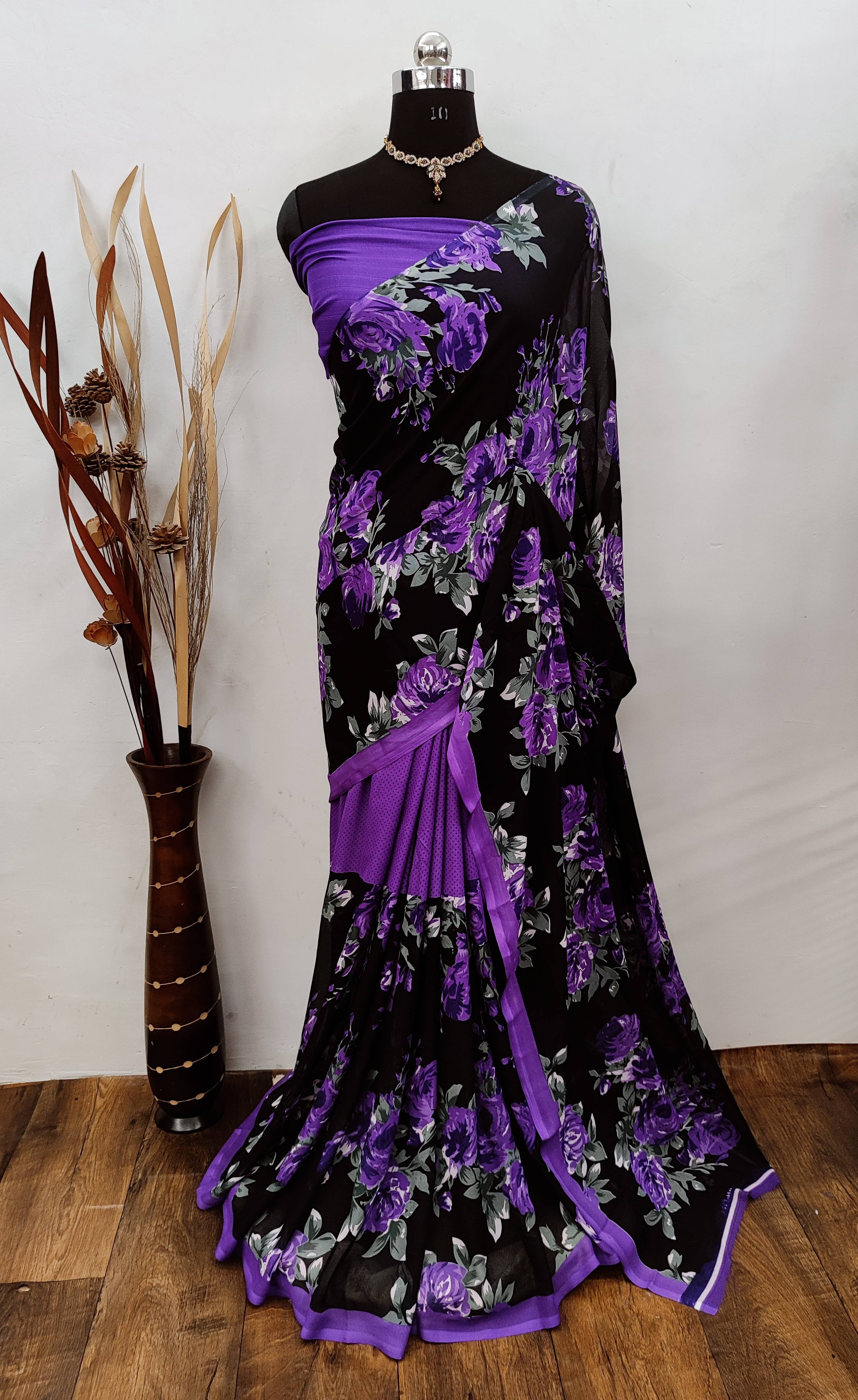 Saadhvi Georgette Printed Saree With Unstitched Blouse Piece ( Purple )     			Saadhvi Georgette Printed Saree With Unstitched Blouse Piece ( Purple )