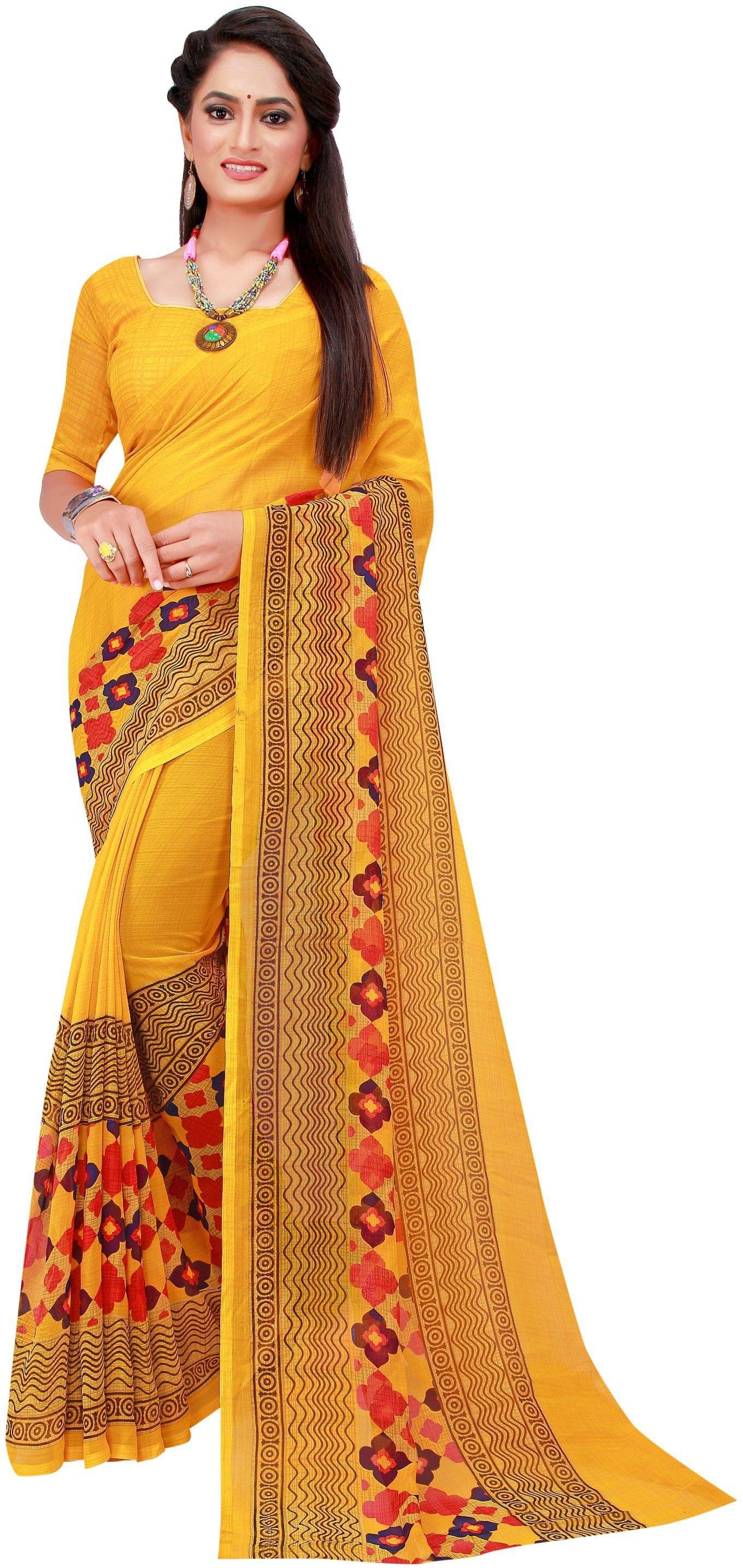 Saadhvi Georgette Printed Saree With Unstitched Blouse Piece ( Yellow ) Saadhvi Georgette Printed Saree With Unstitched Blouse Piece ( Yellow )