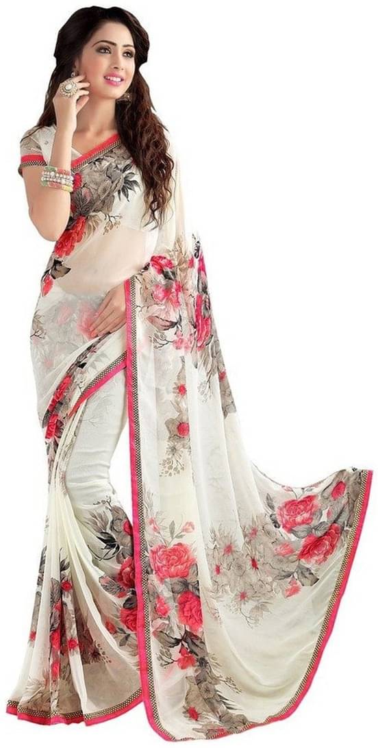 Saadhvi Georgette Printed Saree With Unstitched Blouse Piece ( White ) Saadhvi Georgette Printed Saree With Unstitched Blouse Piece ( White )
